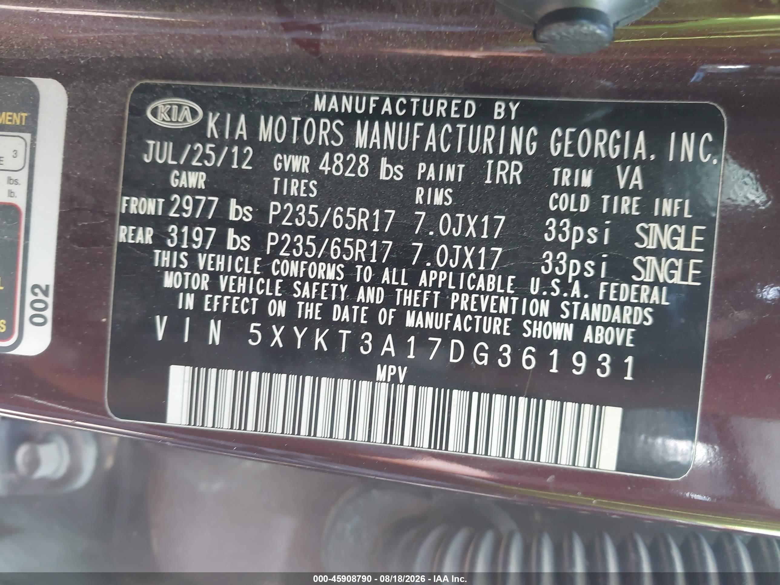 2013 Kia Sorento Lx Maroon vin: 5XYKT3A17DG361931