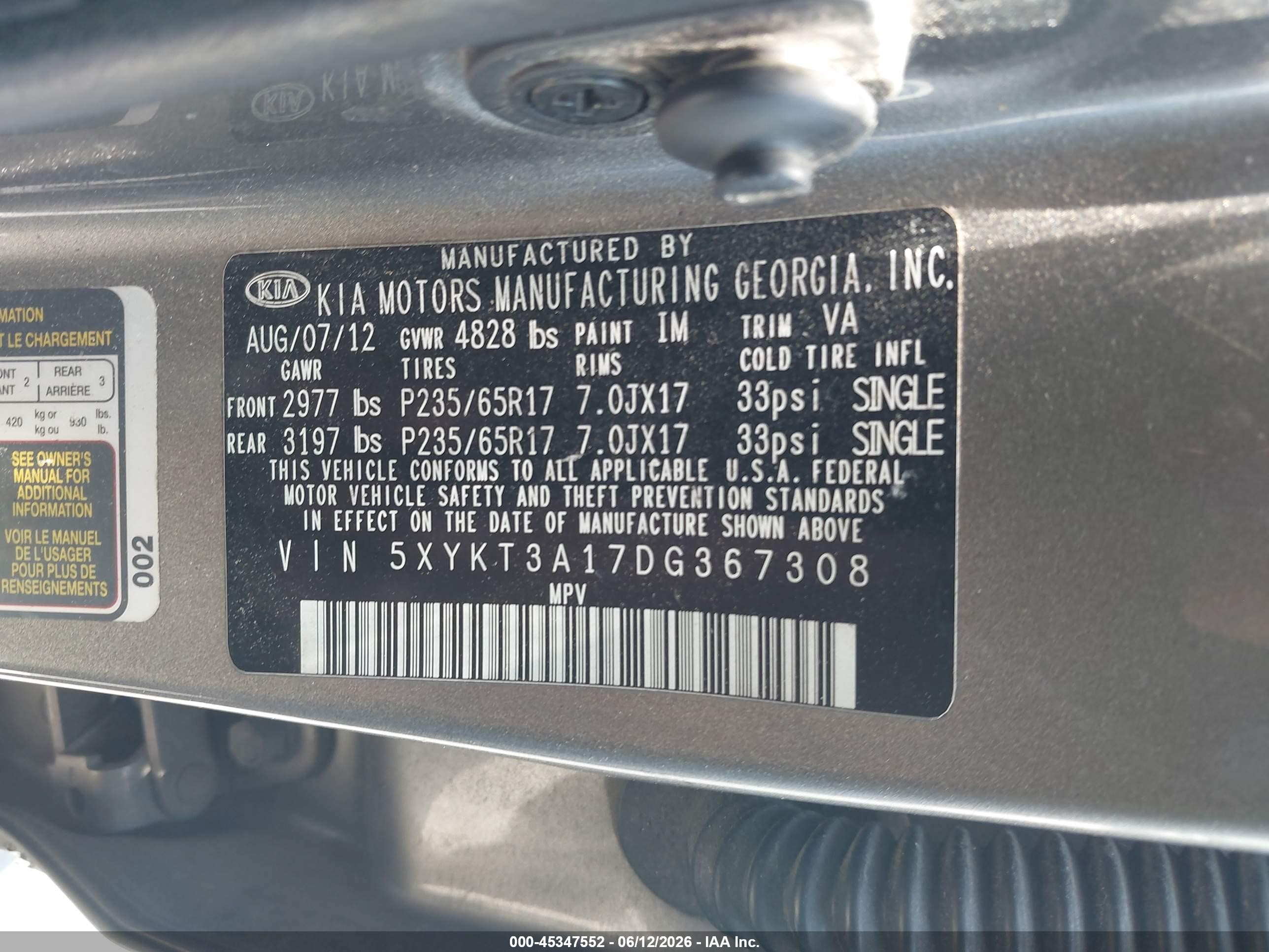 2013 Kia Sorento Lx Gray vin: 5XYKT3A17DG367308