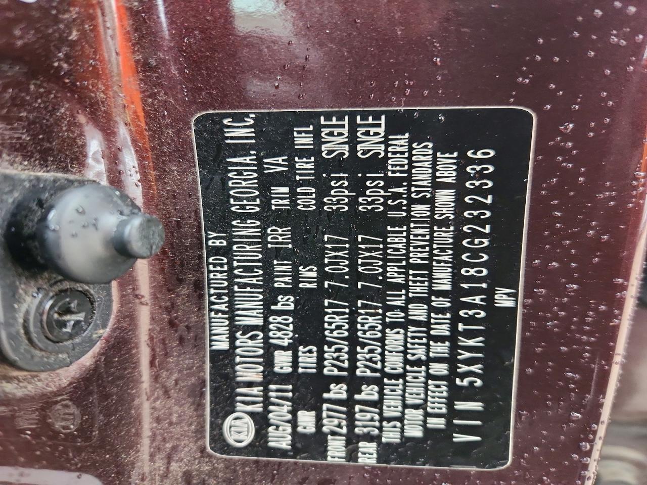 2012 Kia Sorento Lx Burgundy vin: 5XYKT3A18CG232336