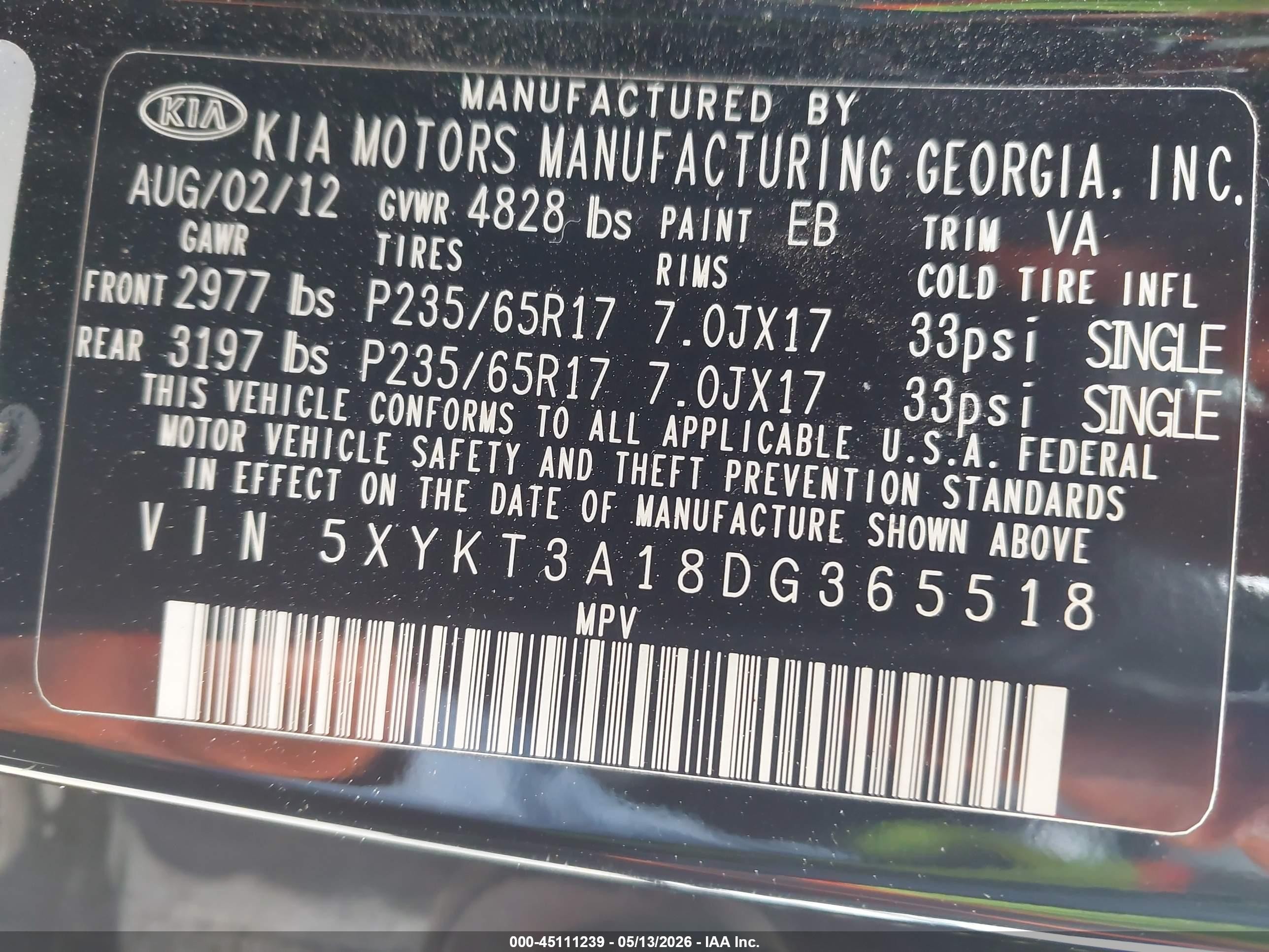 2013 Kia Sorento Lx Black vin: 5XYKT3A18DG365518
