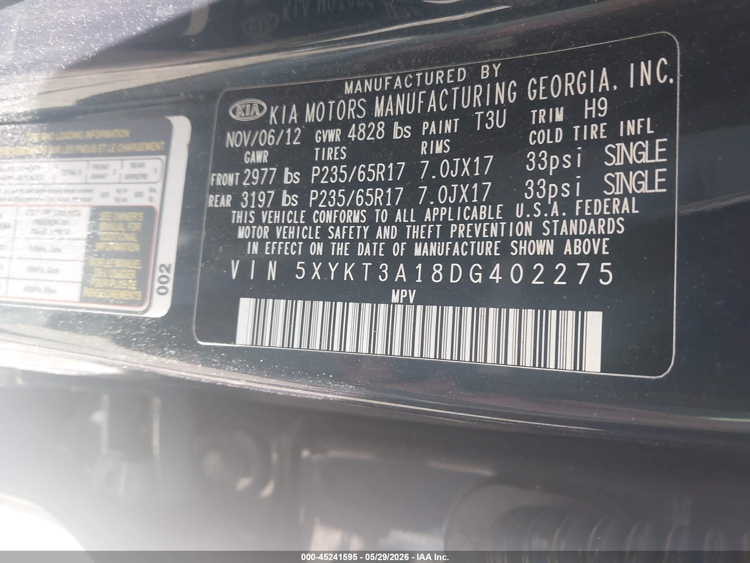 2013 Kia Sorento Lx Dark Blue vin: 5XYKT3A18DG402275