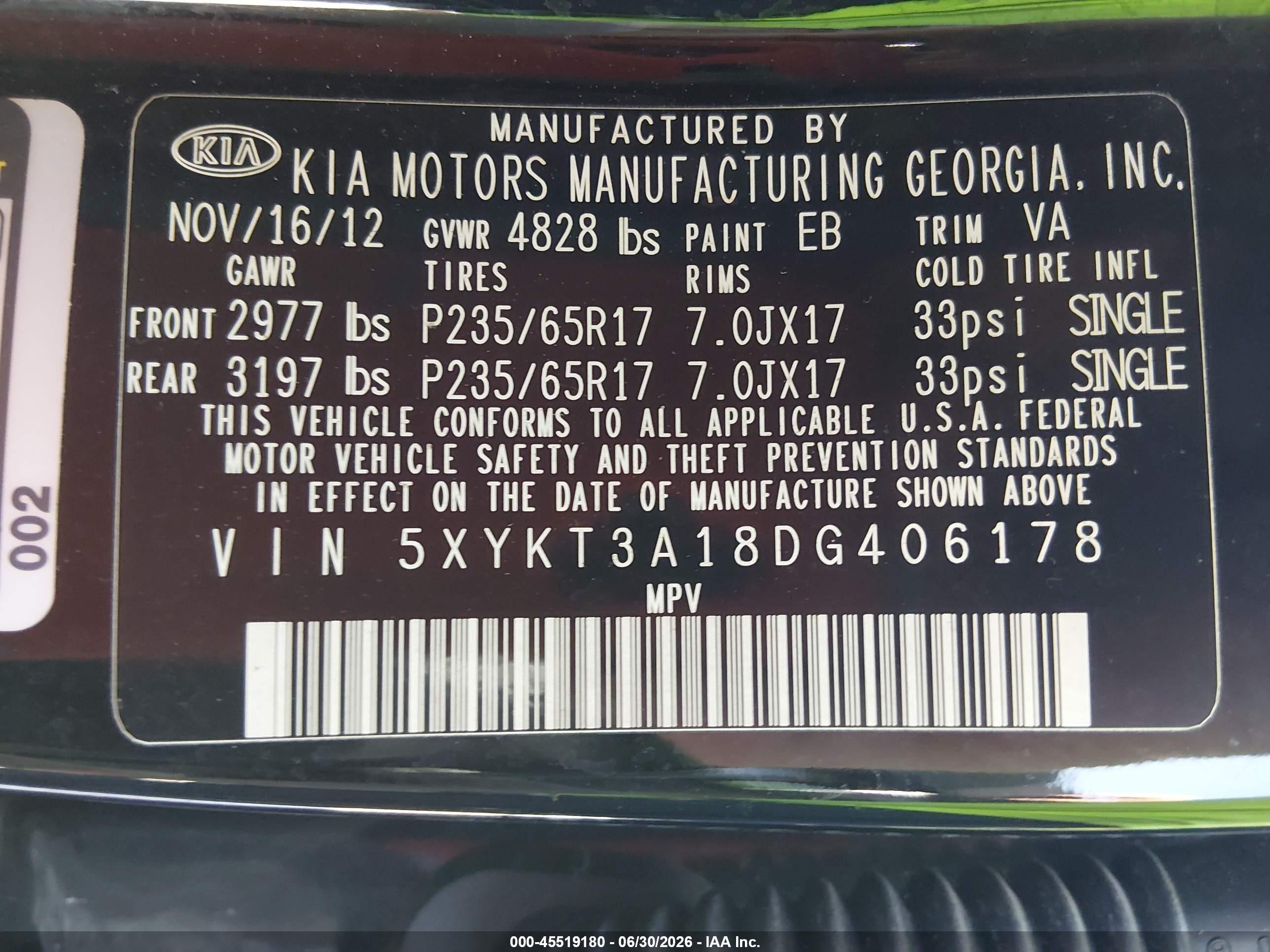 2013 Kia Sorento Lx Black vin: 5XYKT3A18DG406178
