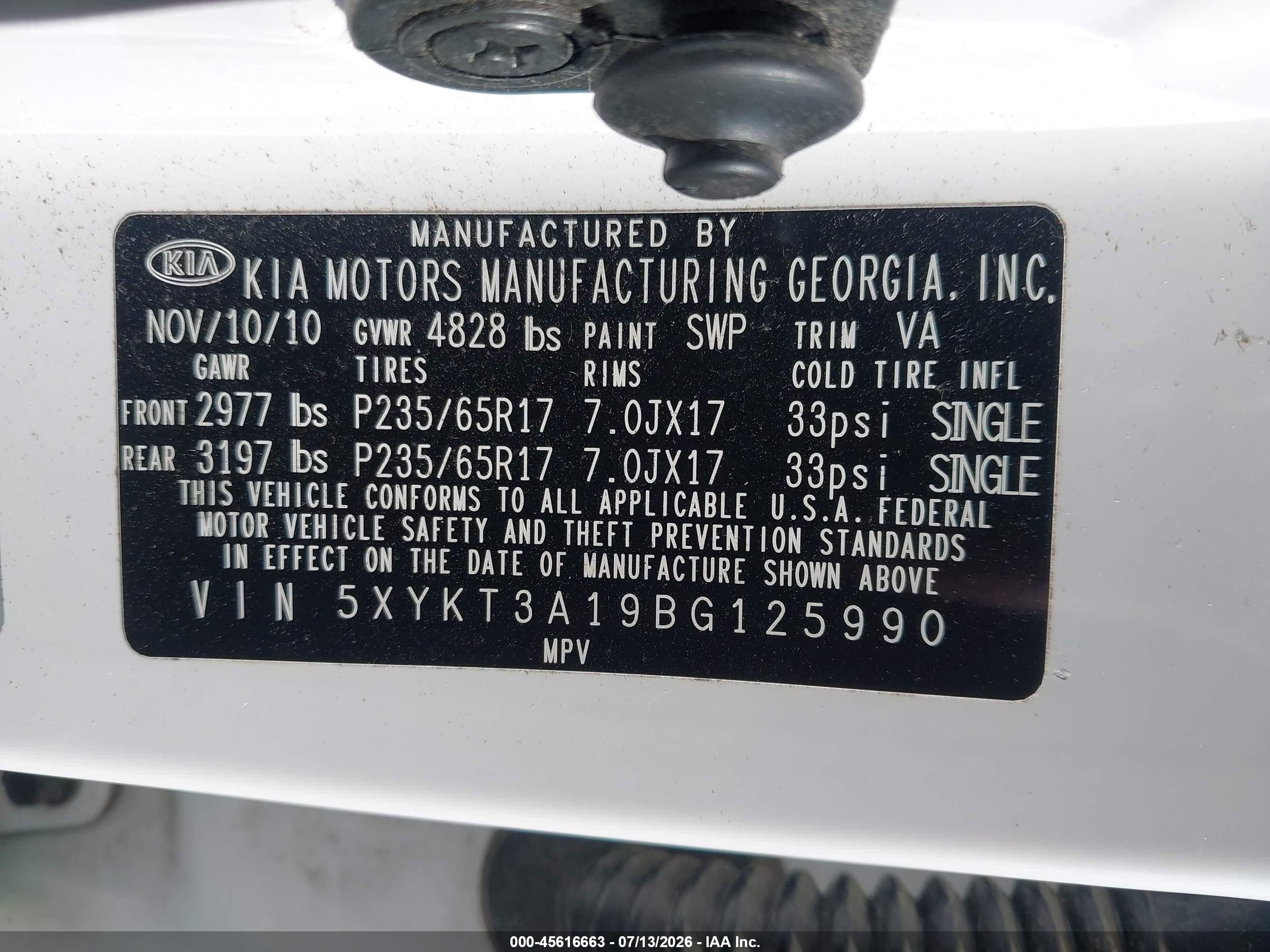 2011 Kia Sorento Lx White vin: 5XYKT3A19BG125990