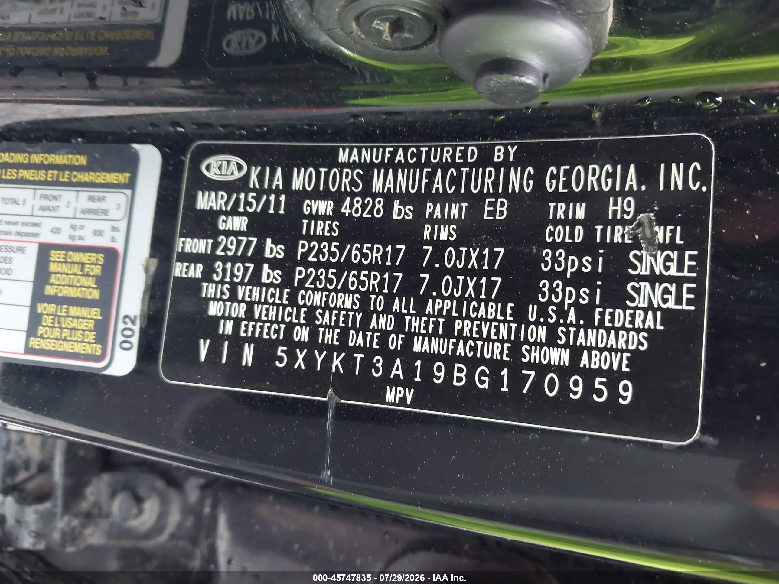 2011 Kia Sorento Lx Black vin: 5XYKT3A19BG170959