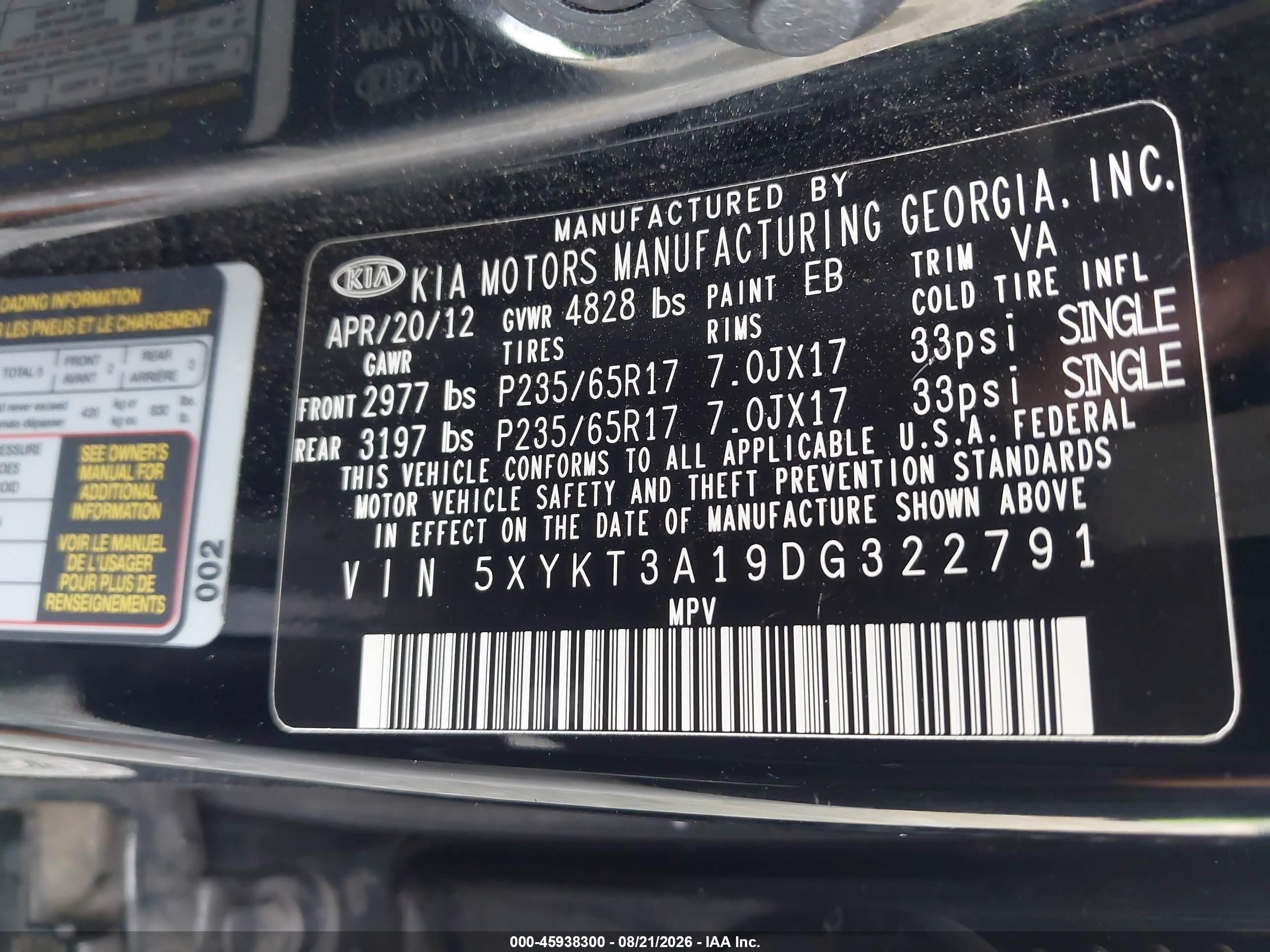 2013 Kia Sorento Lx Black vin: 5XYKT3A19DG322791