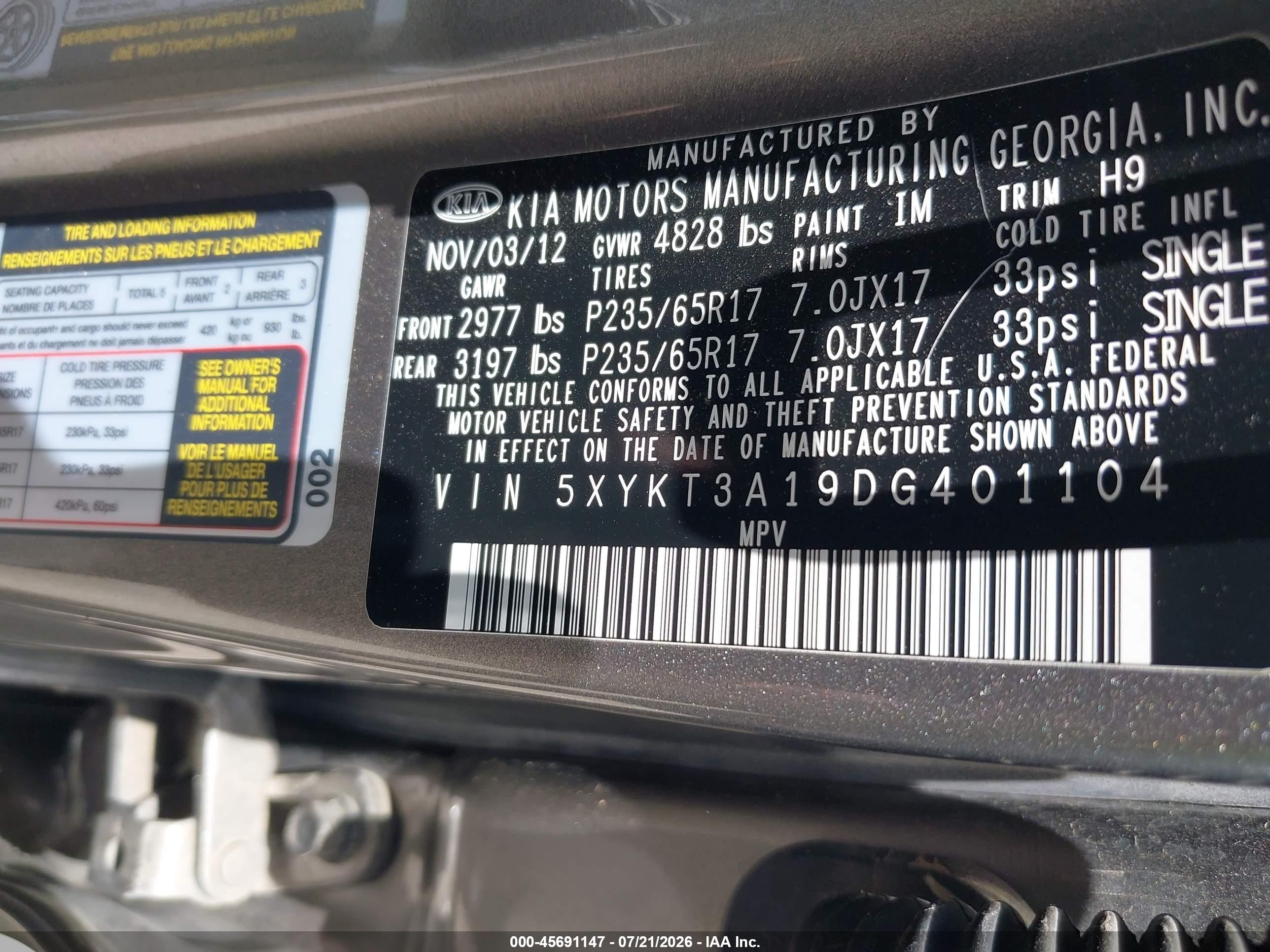 2013 Kia Sorento Lx Gray vin: 5XYKT3A19DG401104