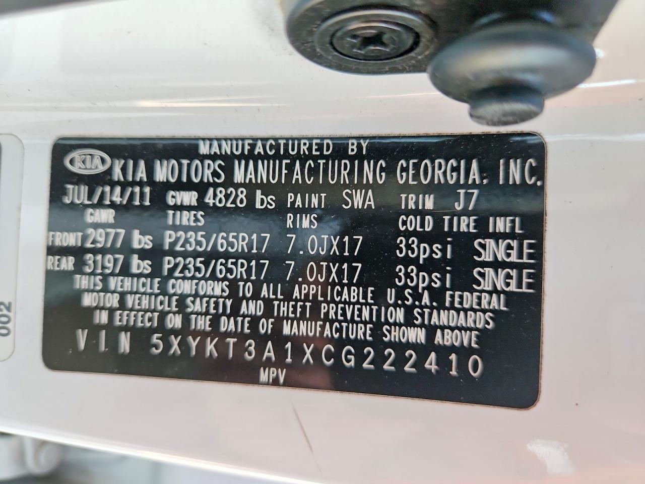 2012 Kia Sorento Lx White vin: 5XYKT3A1XCG222410