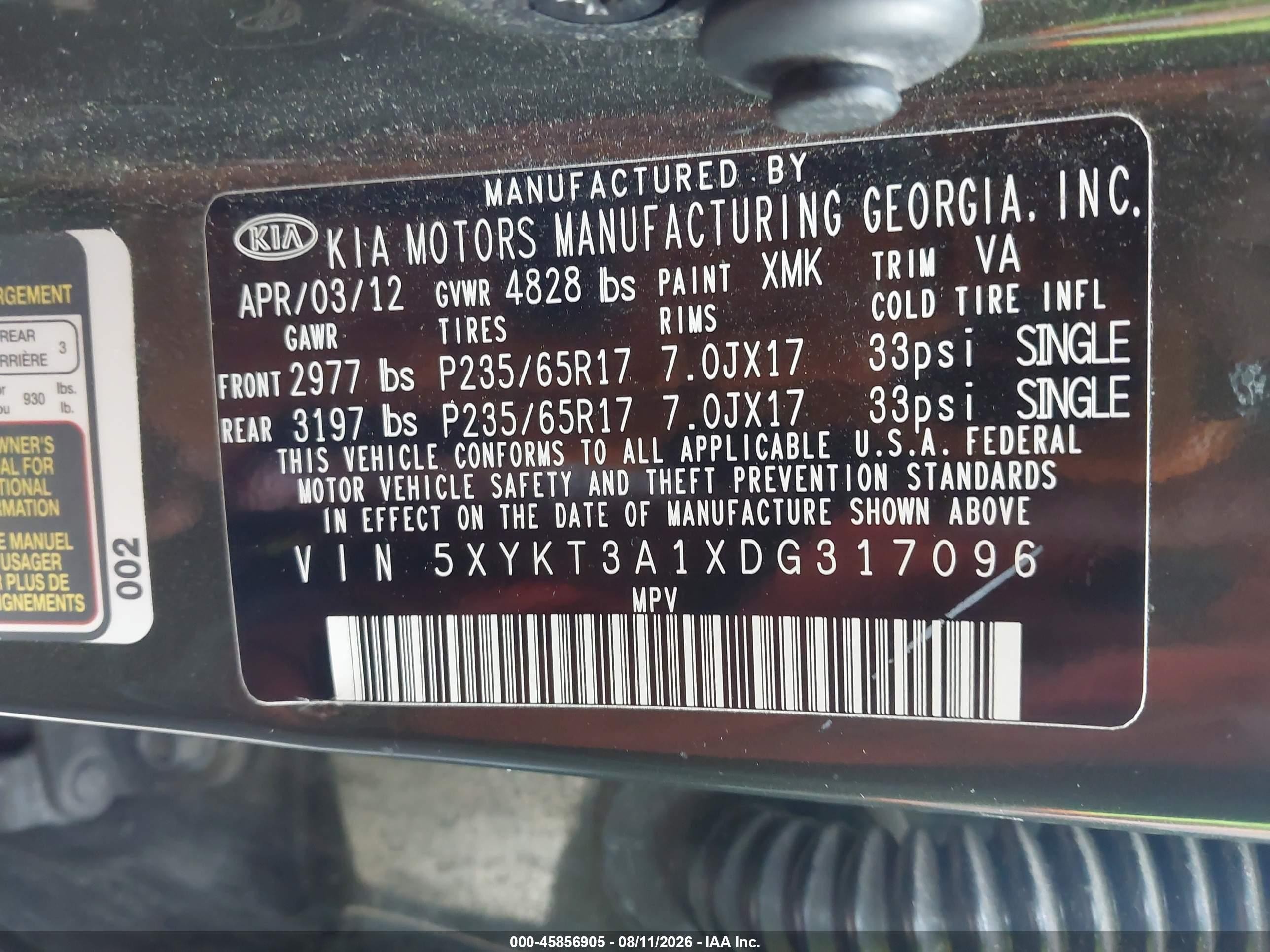 2013 Kia Sorento Lx Серый vin: 5XYKT3A1XDG317096