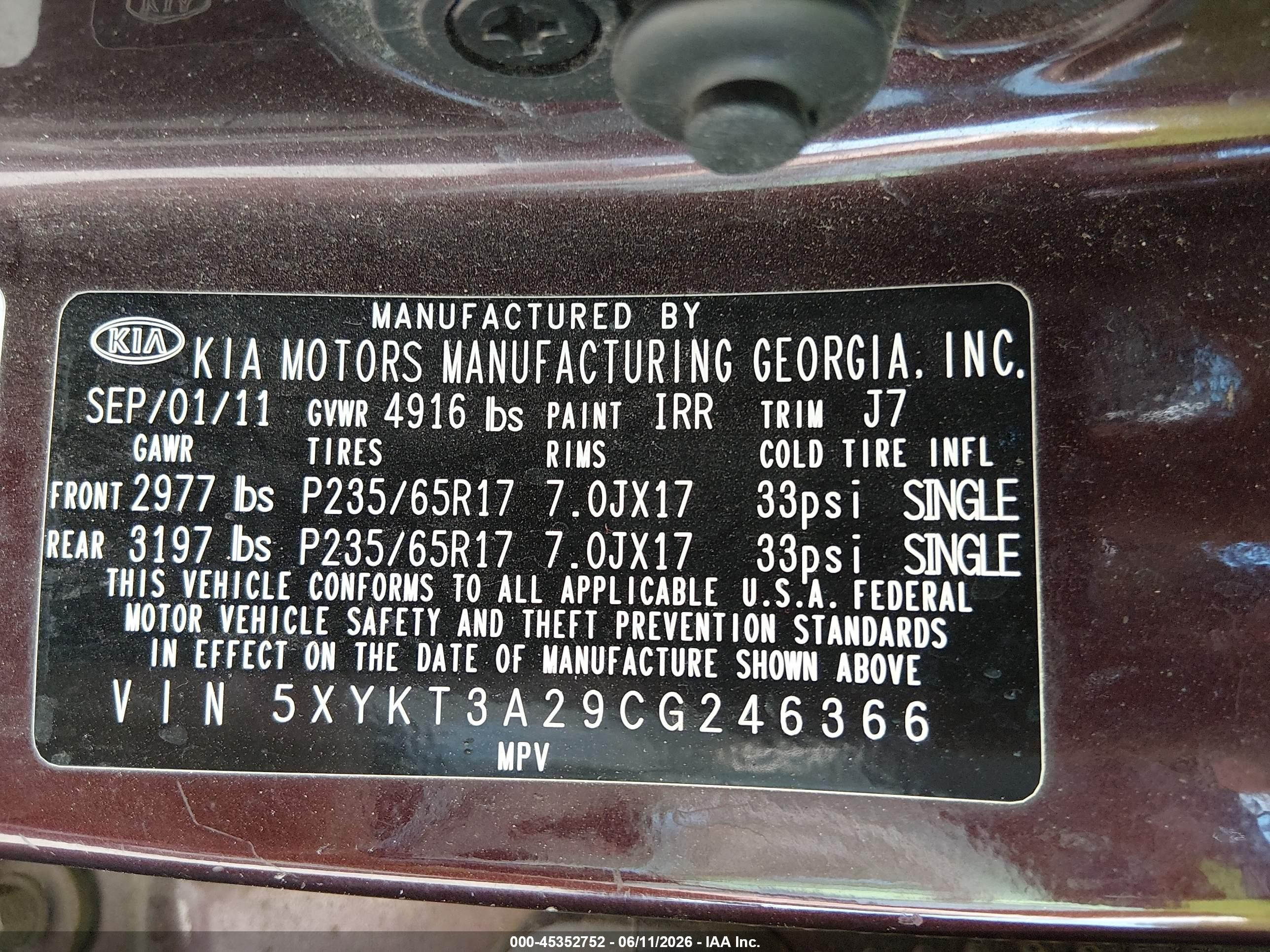 2012 Kia Sorento Lx V6 Purple vin: 5XYKT3A29CG246366