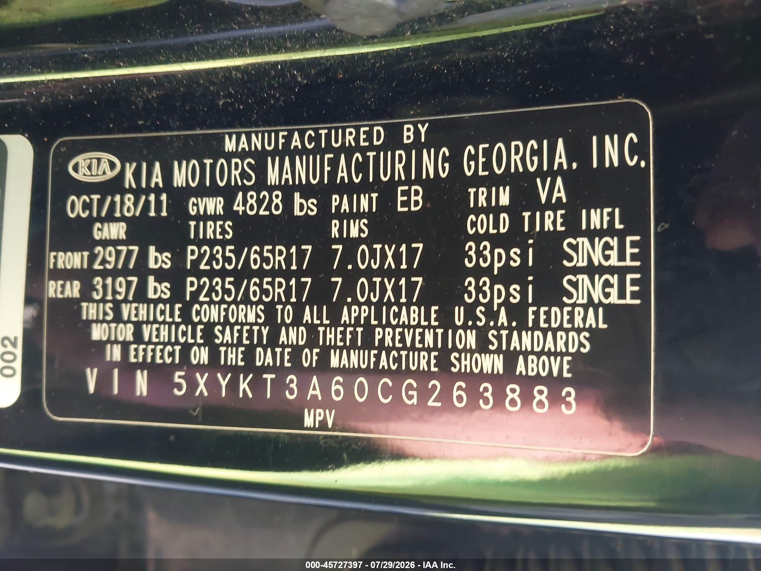 2012 Kia Sorento Lx Black vin: 5XYKT3A60CG263883