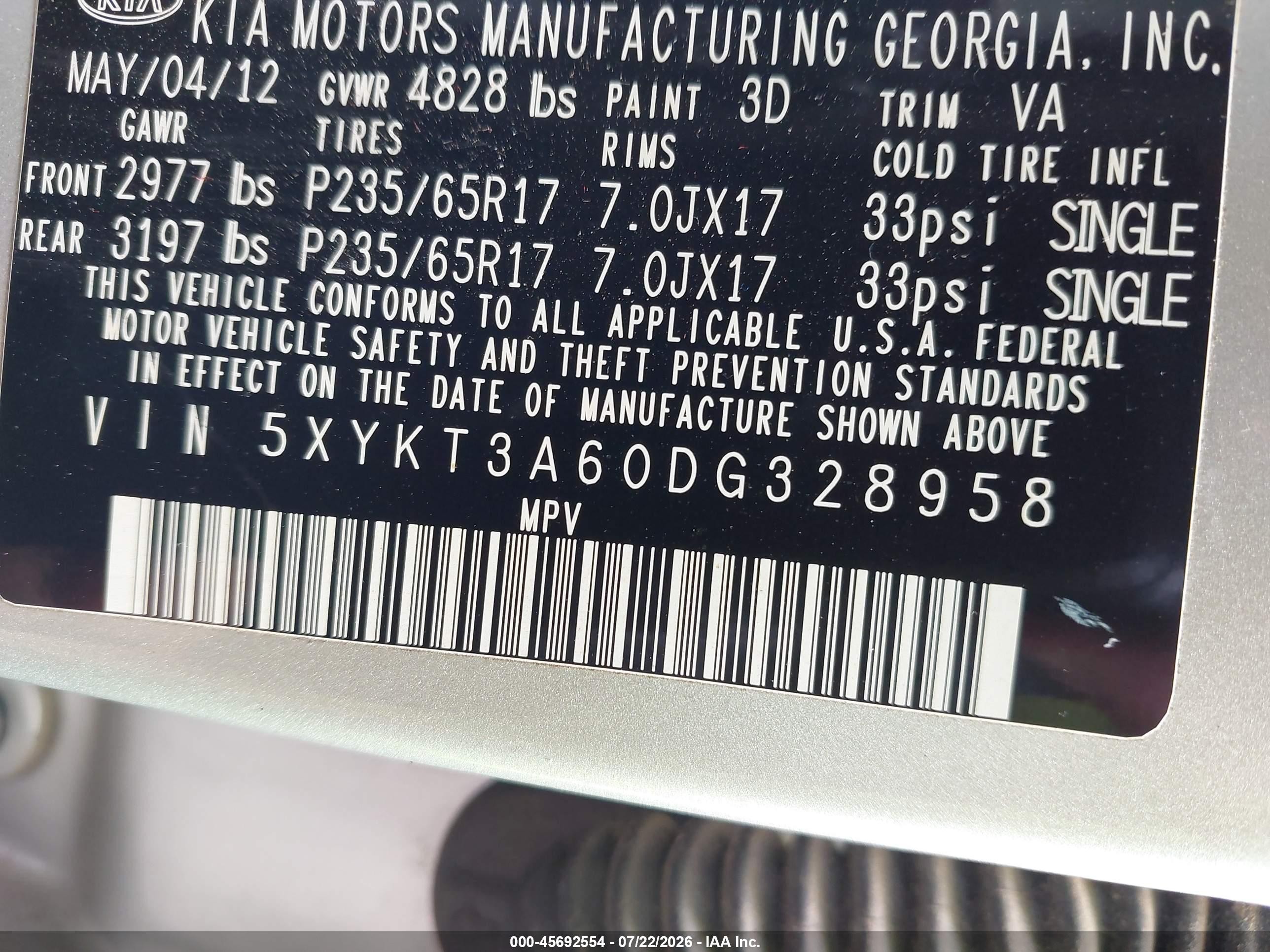 2013 Kia Sorento Lx Silver vin: 5XYKT3A60DG328958