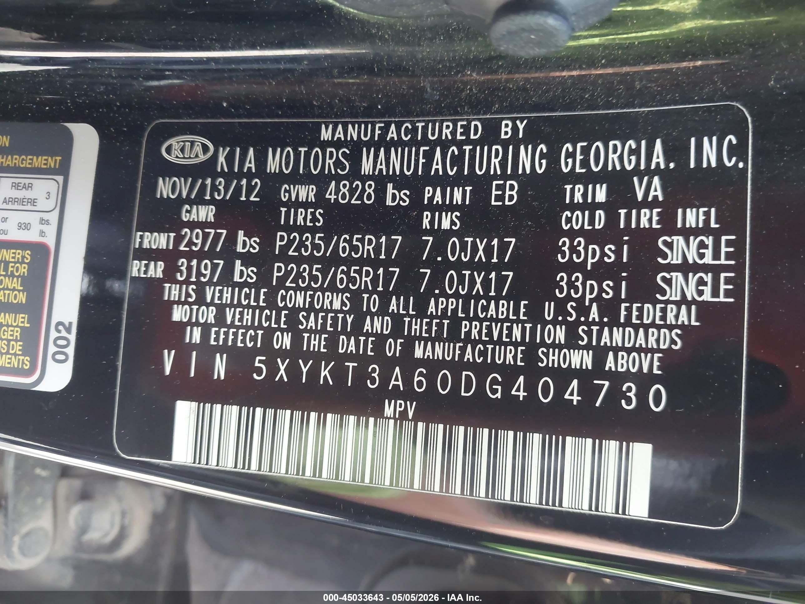 2013 Kia Sorento Lx Black vin: 5XYKT3A60DG404730