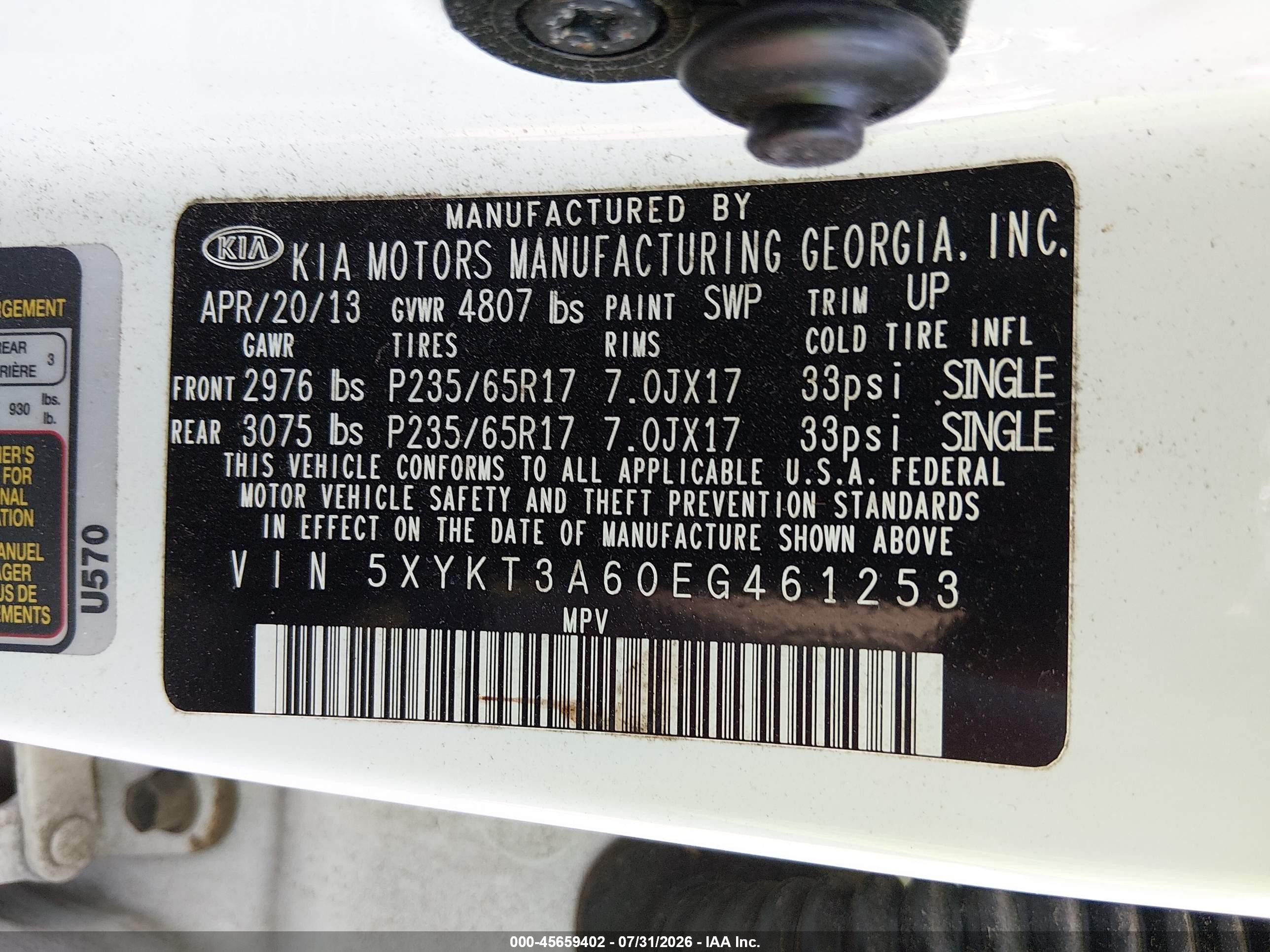 2014 Kia Sorento Lx White vin: 5XYKT3A60EG461253