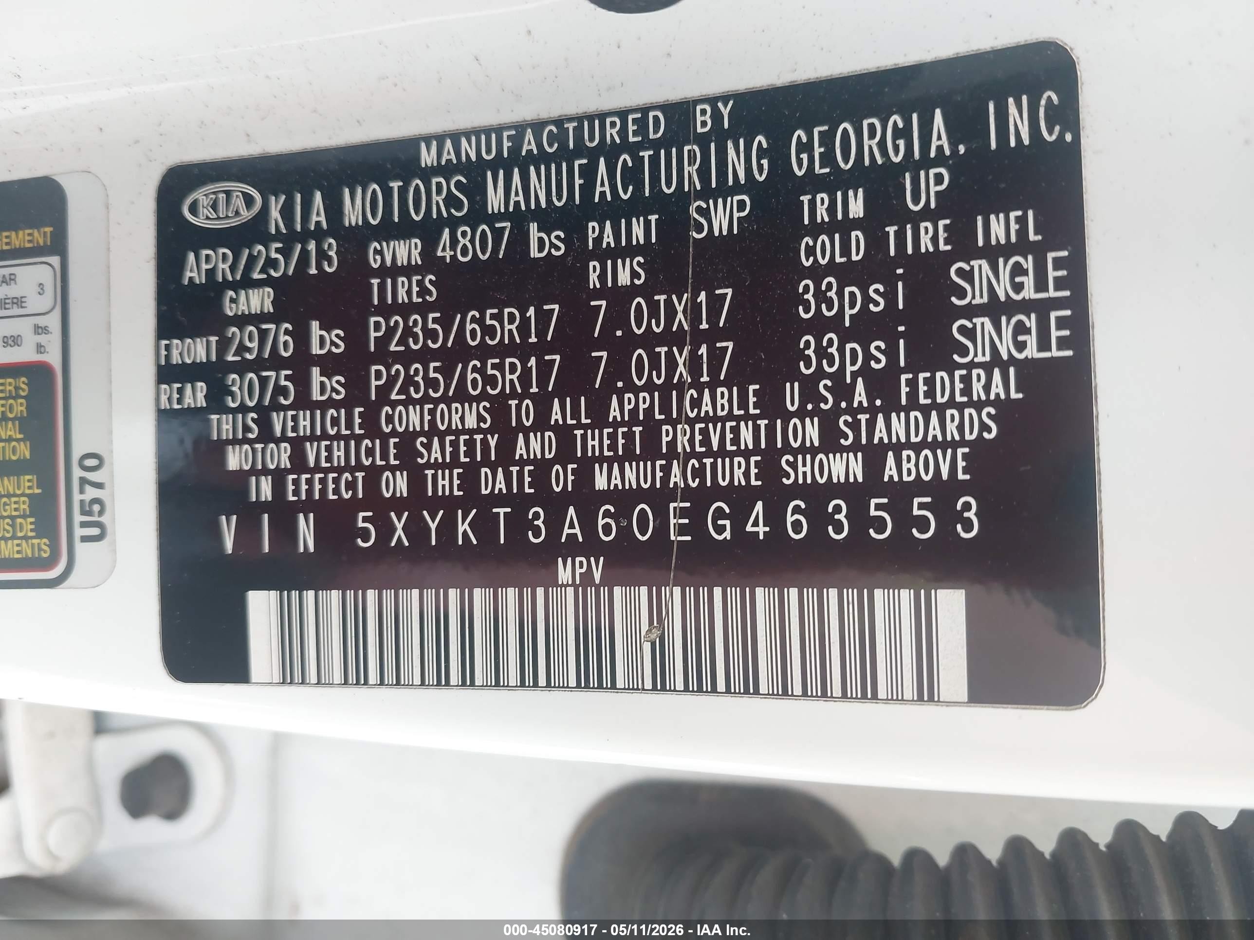 2014 Kia Sorento Lx White vin: 5XYKT3A60EG463553