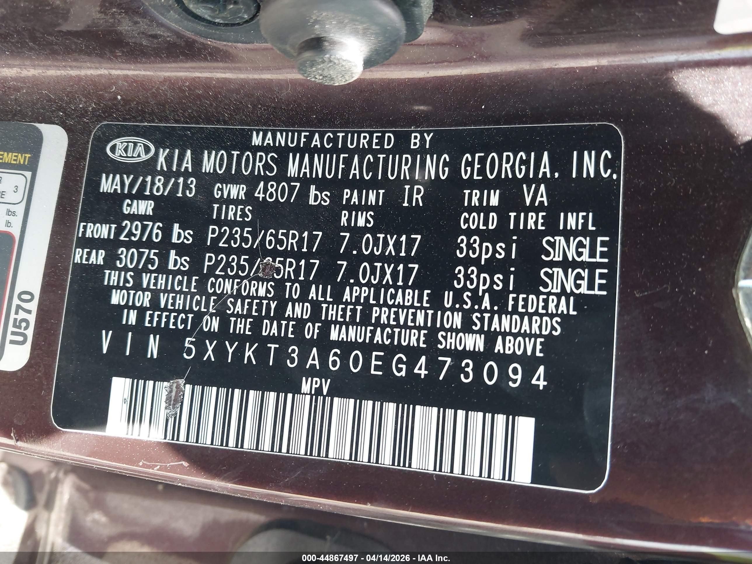 2014 Kia Sorento Lx Фиолетовый vin: 5XYKT3A60EG473094