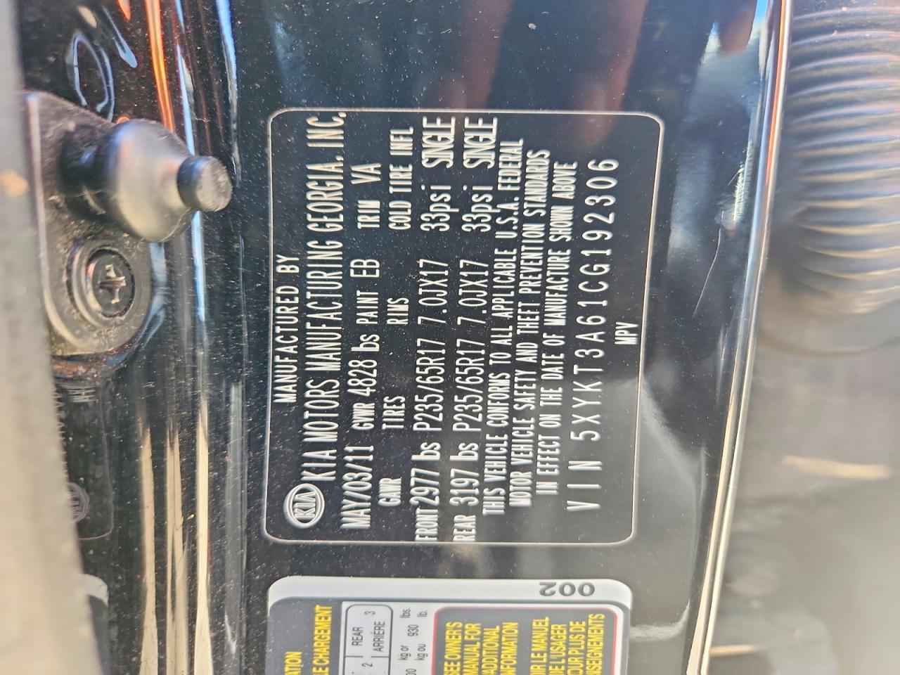 2012 Kia Sorento Lx Black vin: 5XYKT3A61CG192306