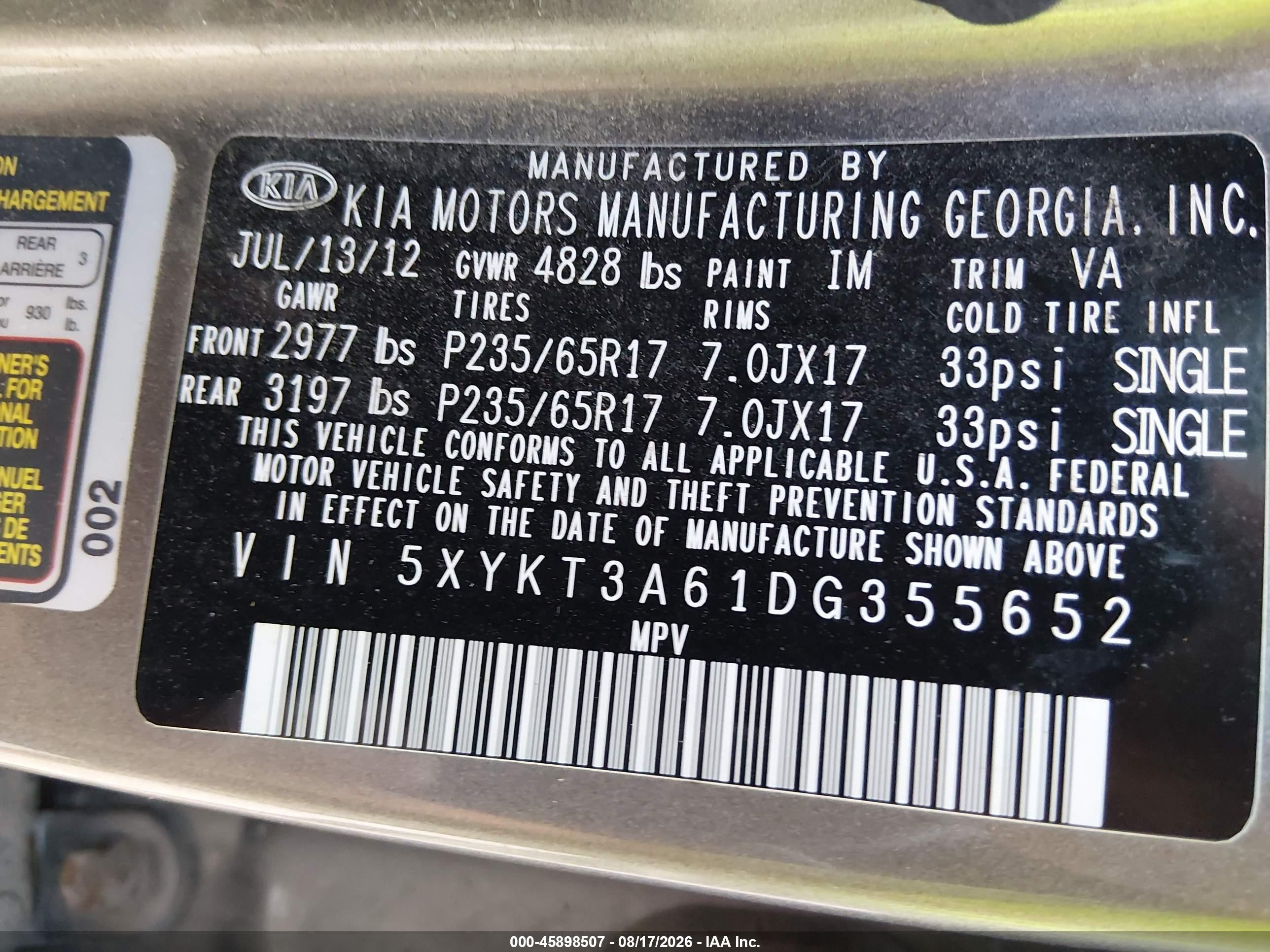 2013 Kia Sorento Lx Gray vin: 5XYKT3A61DG355652