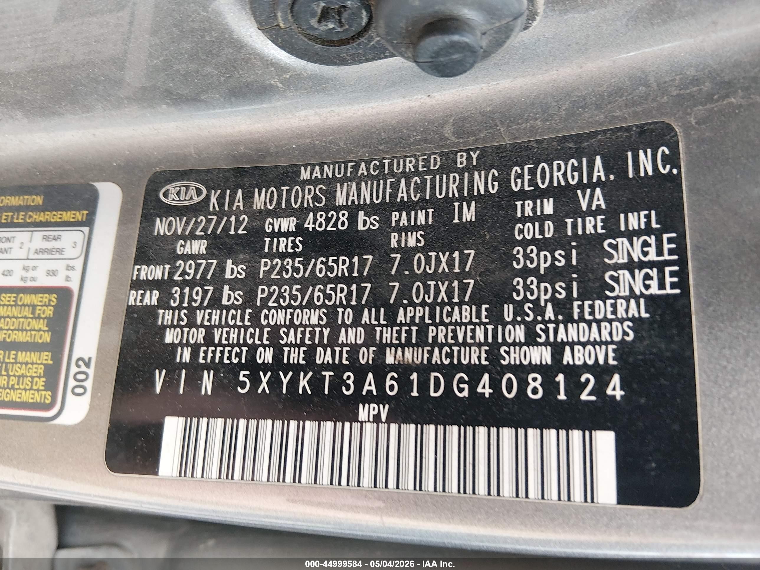 2013 Kia Sorento Lx Gray vin: 5XYKT3A61DG408124