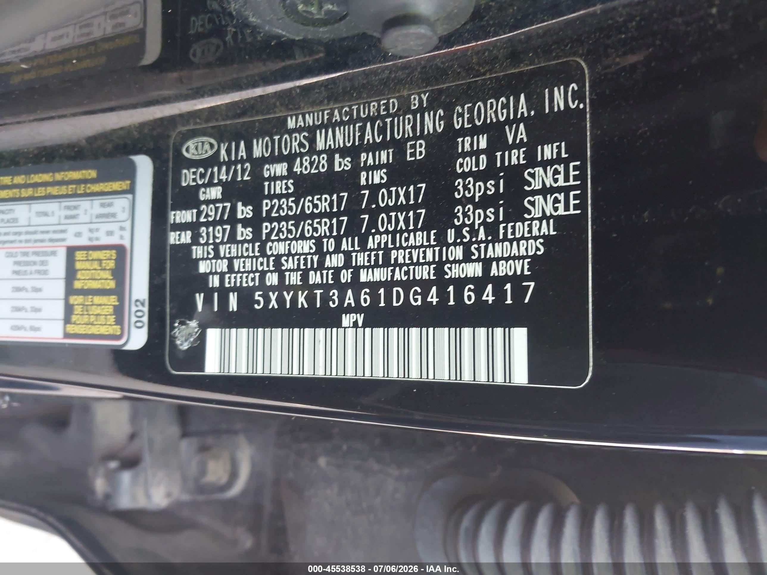 2013 Kia Sorento Lx Black vin: 5XYKT3A61DG416417
