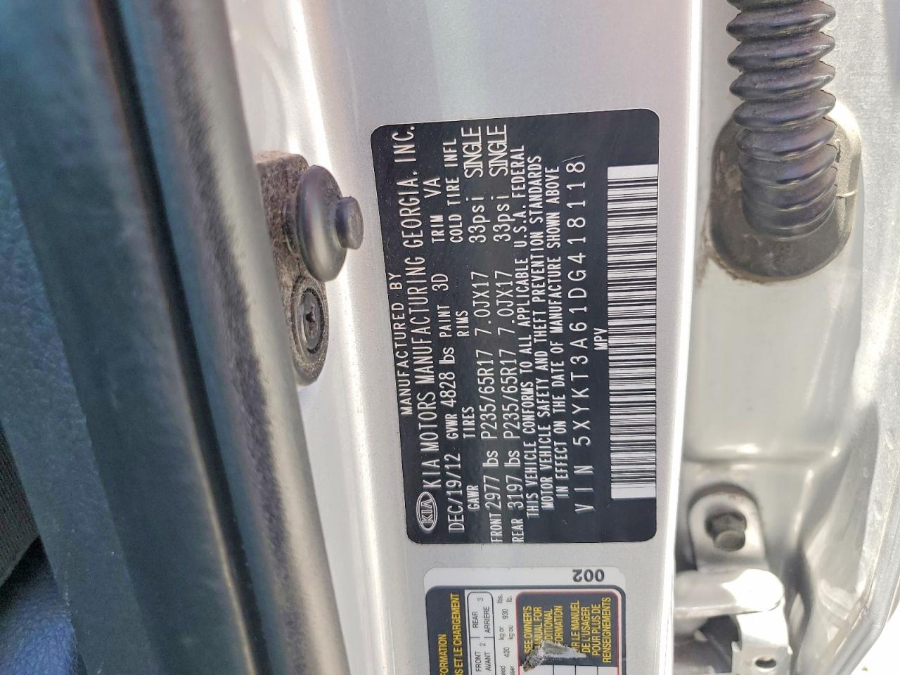 2013 Kia Sorento Lx Silver vin: 5XYKT3A61DG418118