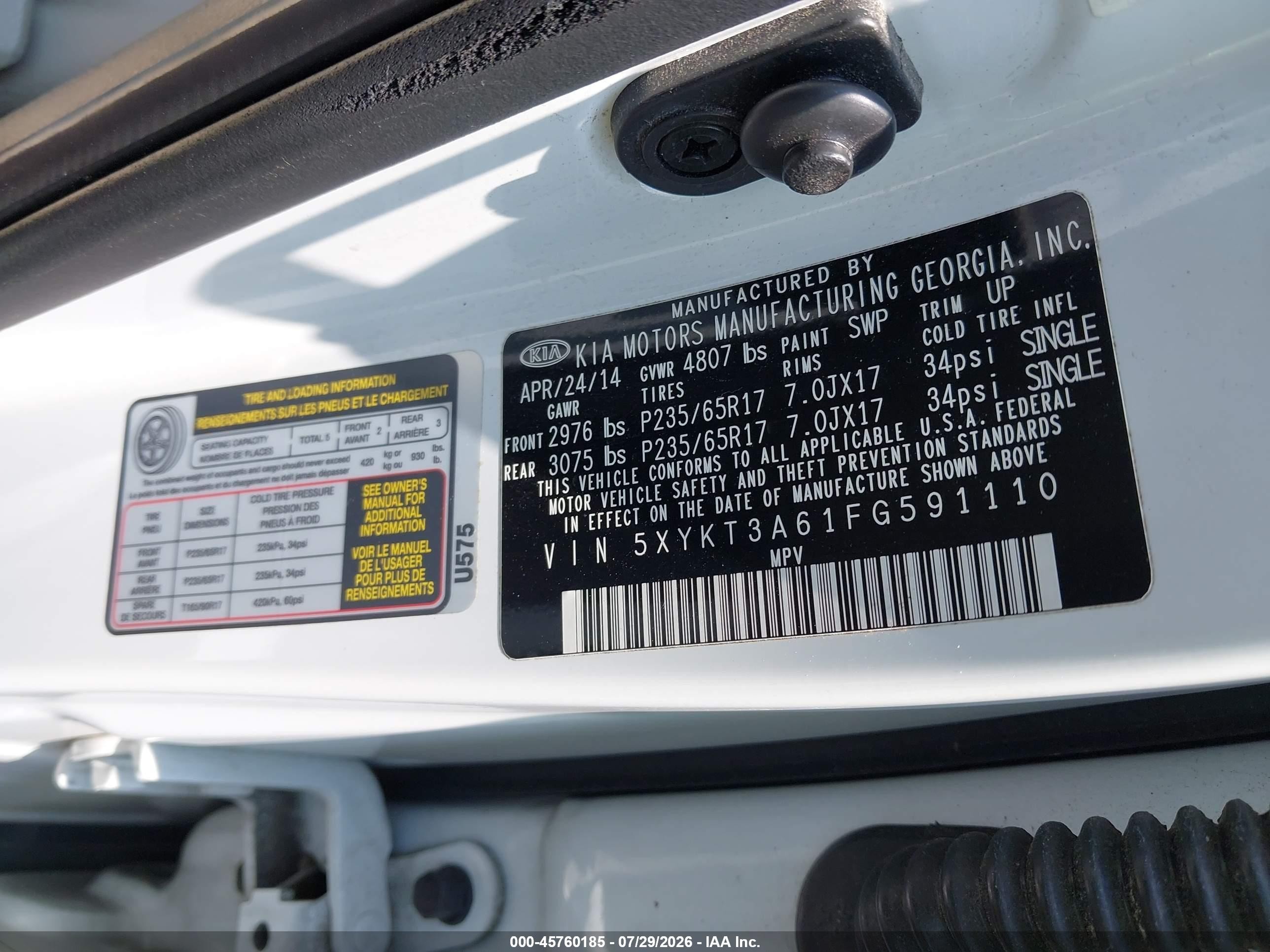 2015 Kia Sorento Lx White vin: 5XYKT3A61FG591110