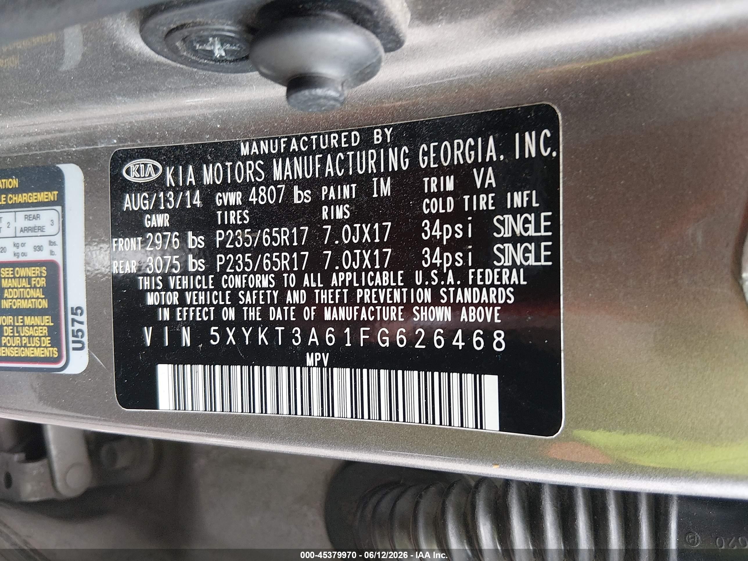 2015 Kia Sorento Lx Champagne vin: 5XYKT3A61FG626468
