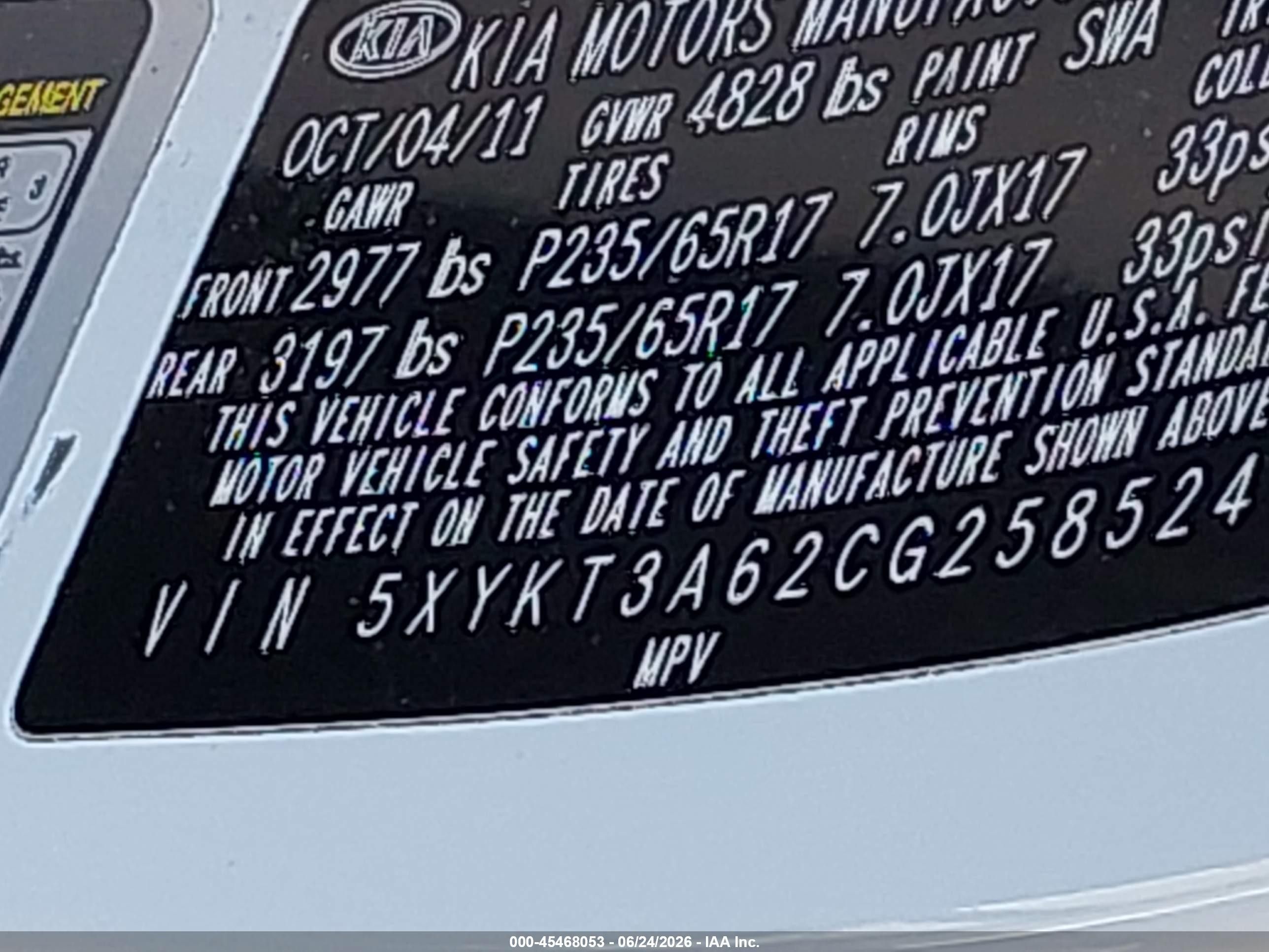 2012 Kia Sorento Lx White vin: 5XYKT3A62CG258524