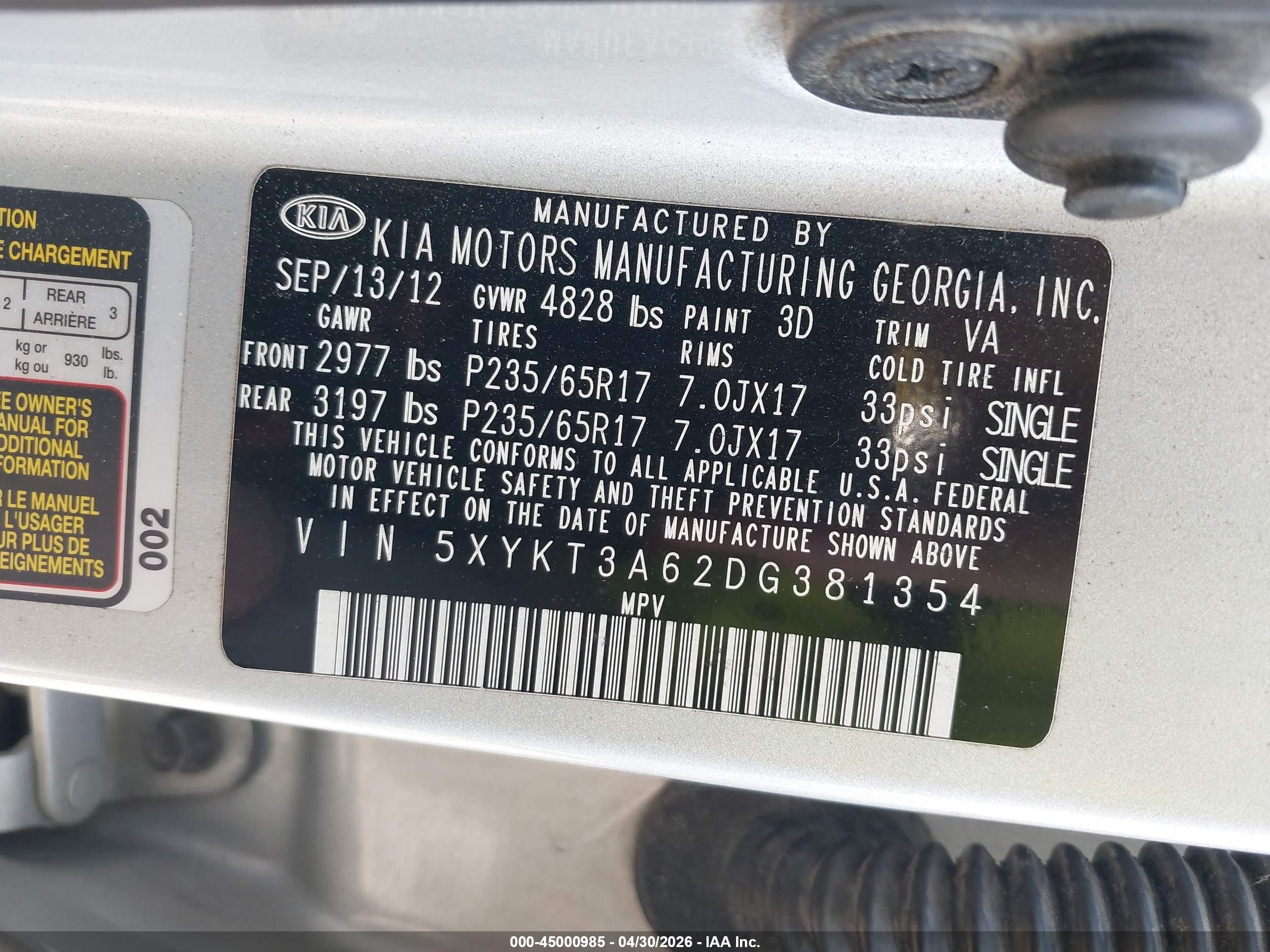 2013 Kia Sorento Lx Silver vin: 5XYKT3A62DG381354