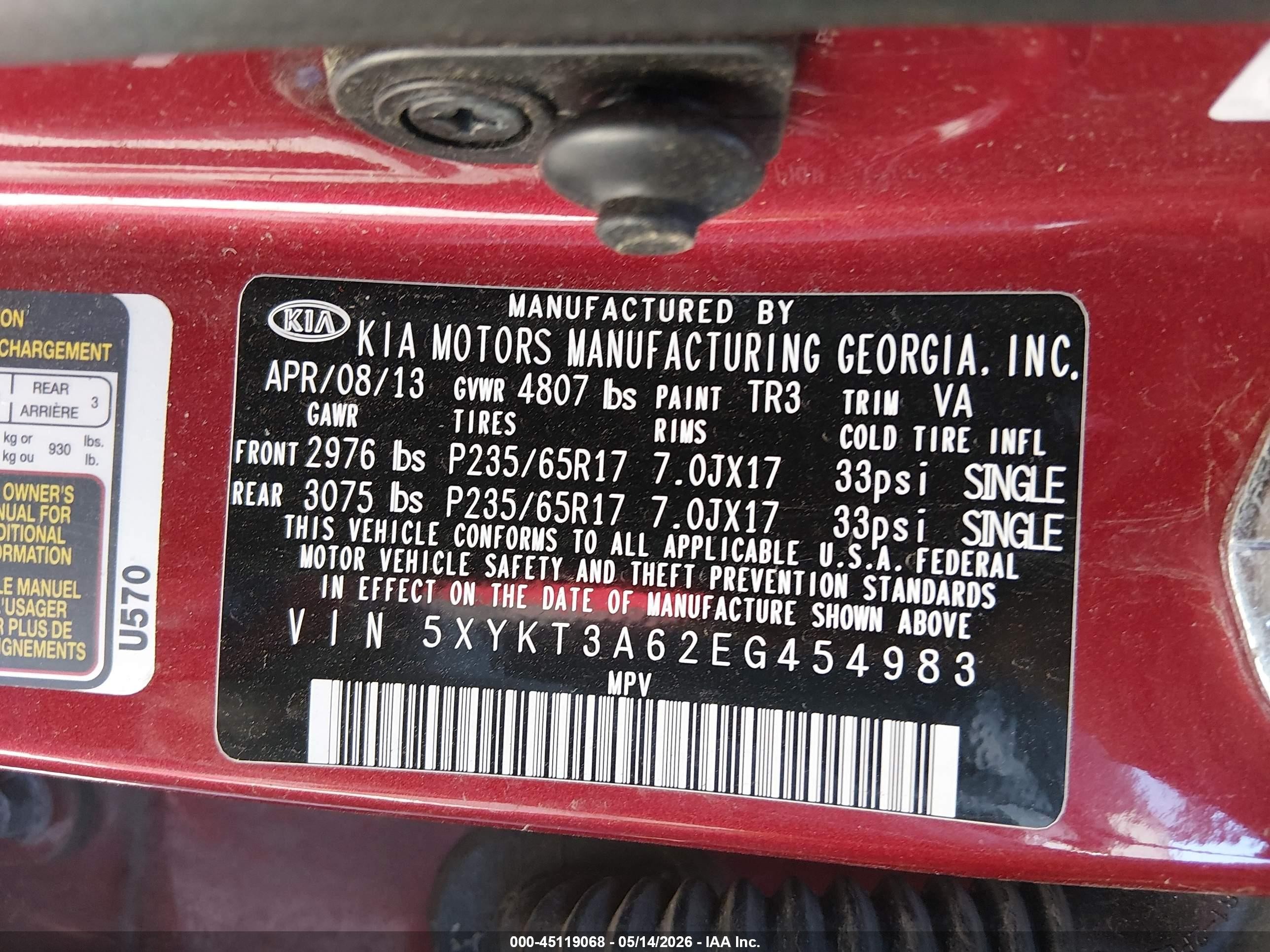 2014 Kia Sorento Lx Red vin: 5XYKT3A62EG454983