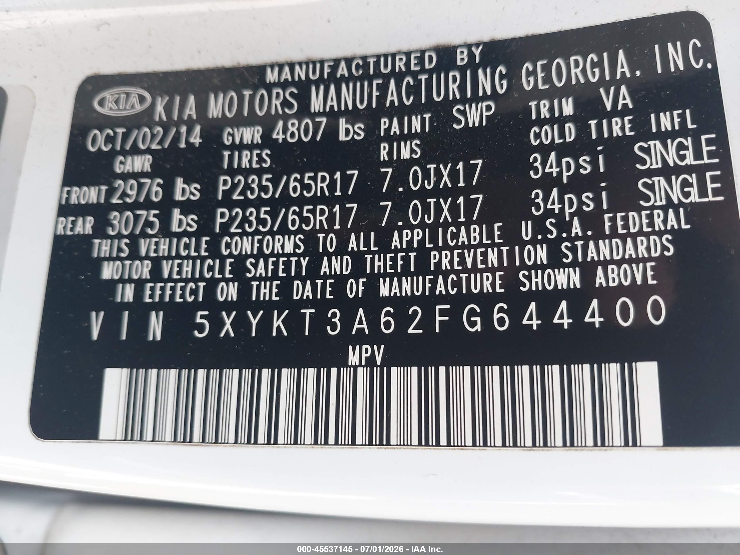 2015 Kia Sorento Lx White vin: 5XYKT3A62FG644400