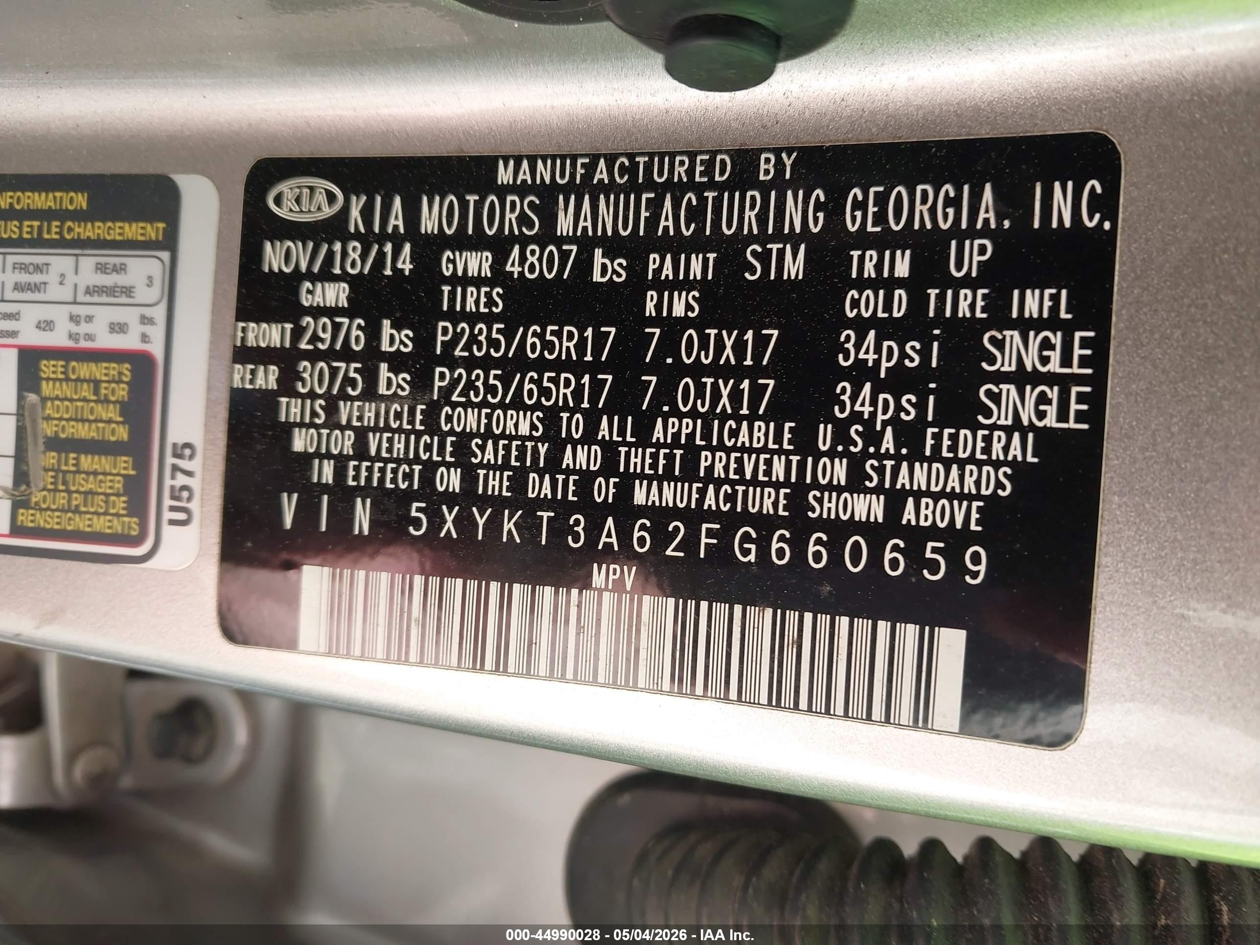 2015 Kia Sorento Lx White vin: 5XYKT3A62FG660659