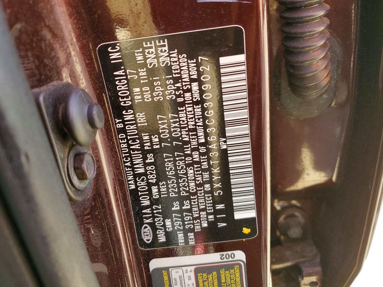 2012 Kia Sorento Lx Burgundy vin: 5XYKT3A63CG309027