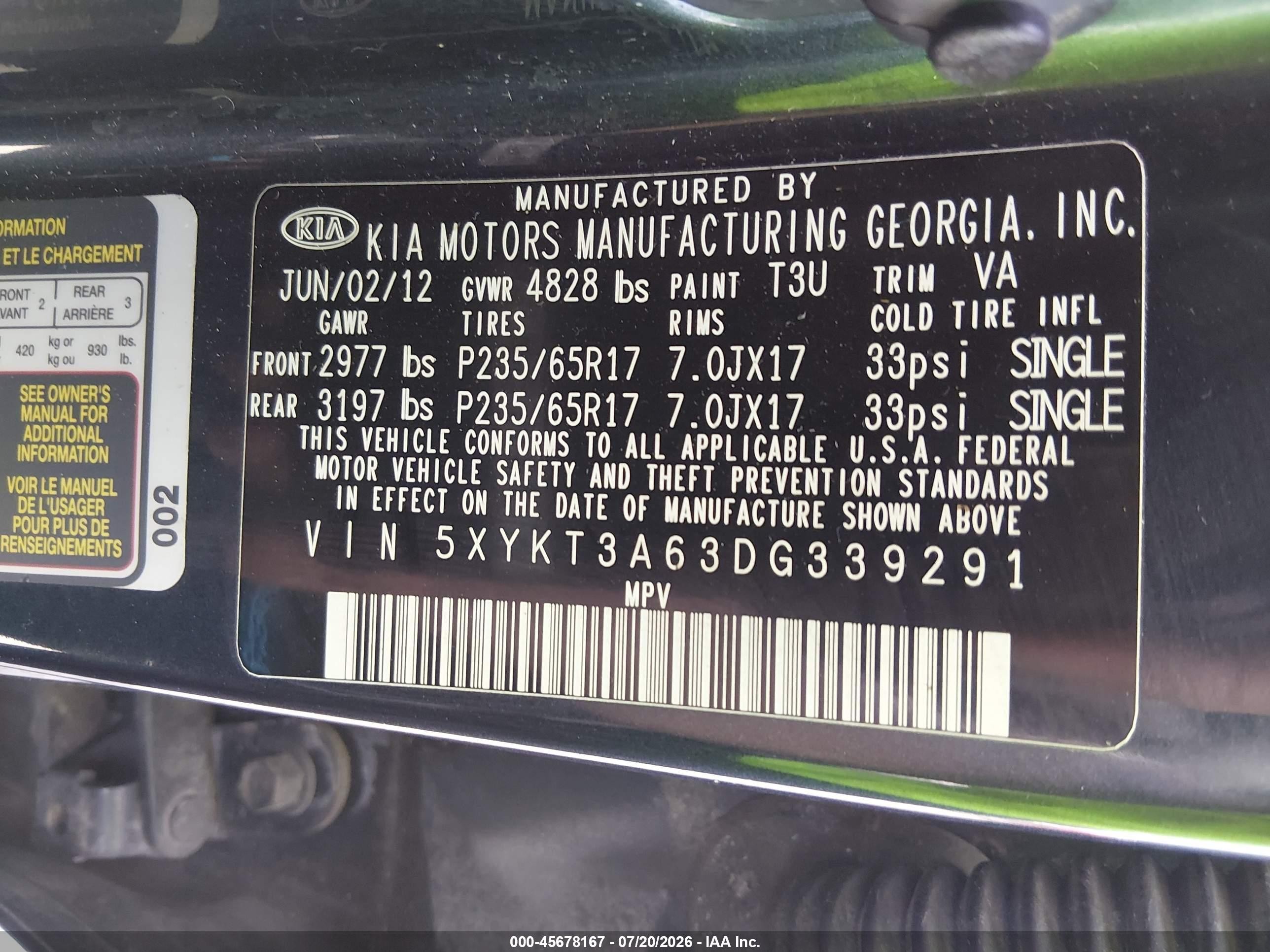 2013 Kia Sorento Lx Black vin: 5XYKT3A63DG339291