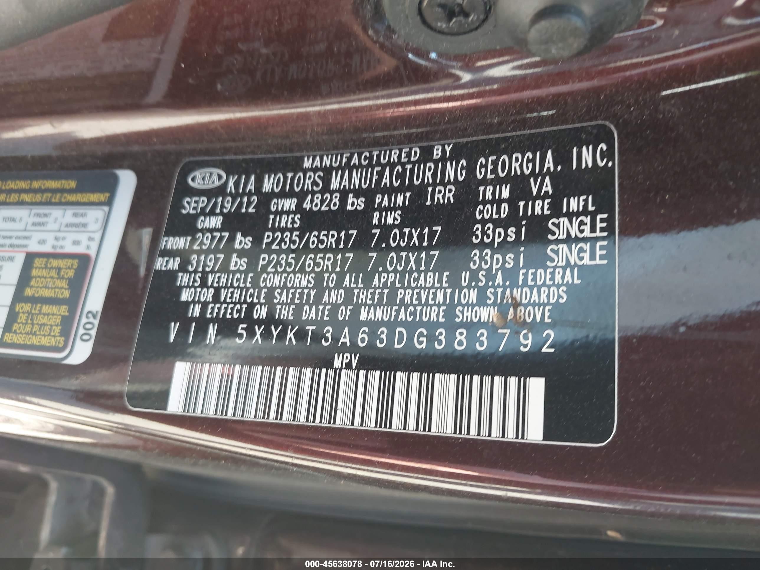 2013 Kia Sorento Lx Purple vin: 5XYKT3A63DG383792