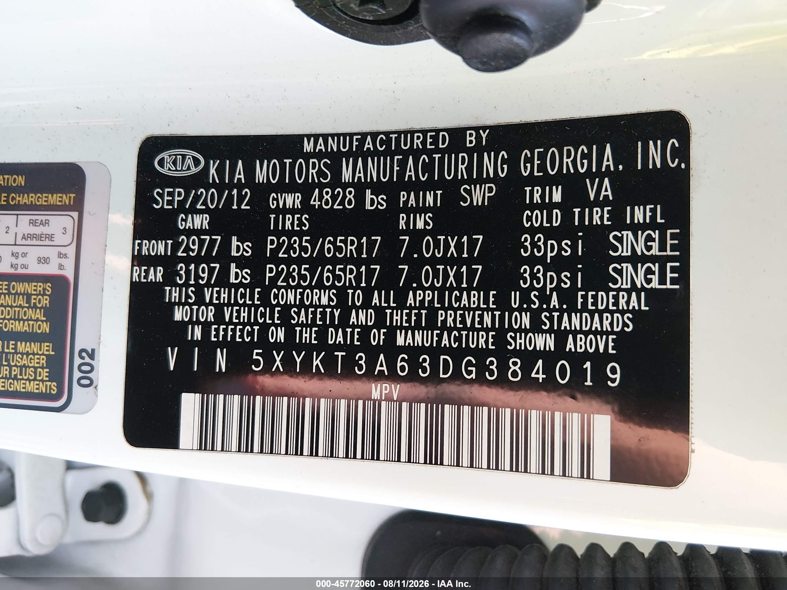 2013 Kia Sorento Lx Белый vin: 5XYKT3A63DG384019