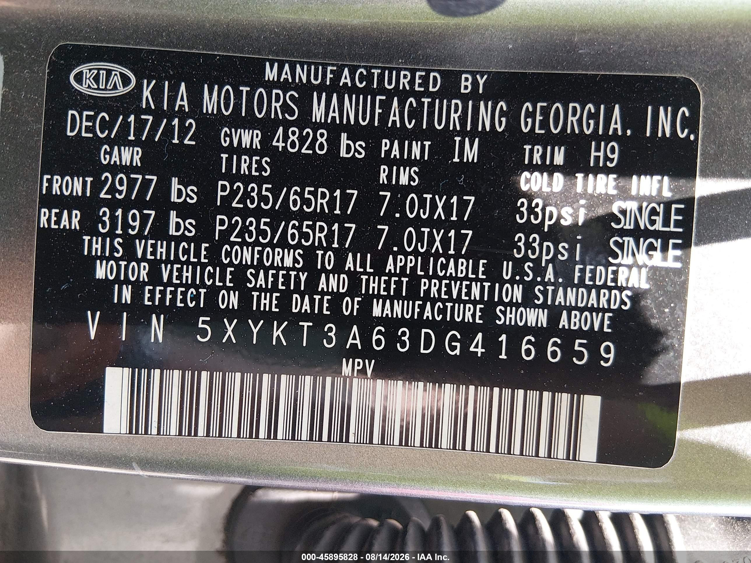 2013 Kia Sorento Lx Gray vin: 5XYKT3A63DG416659