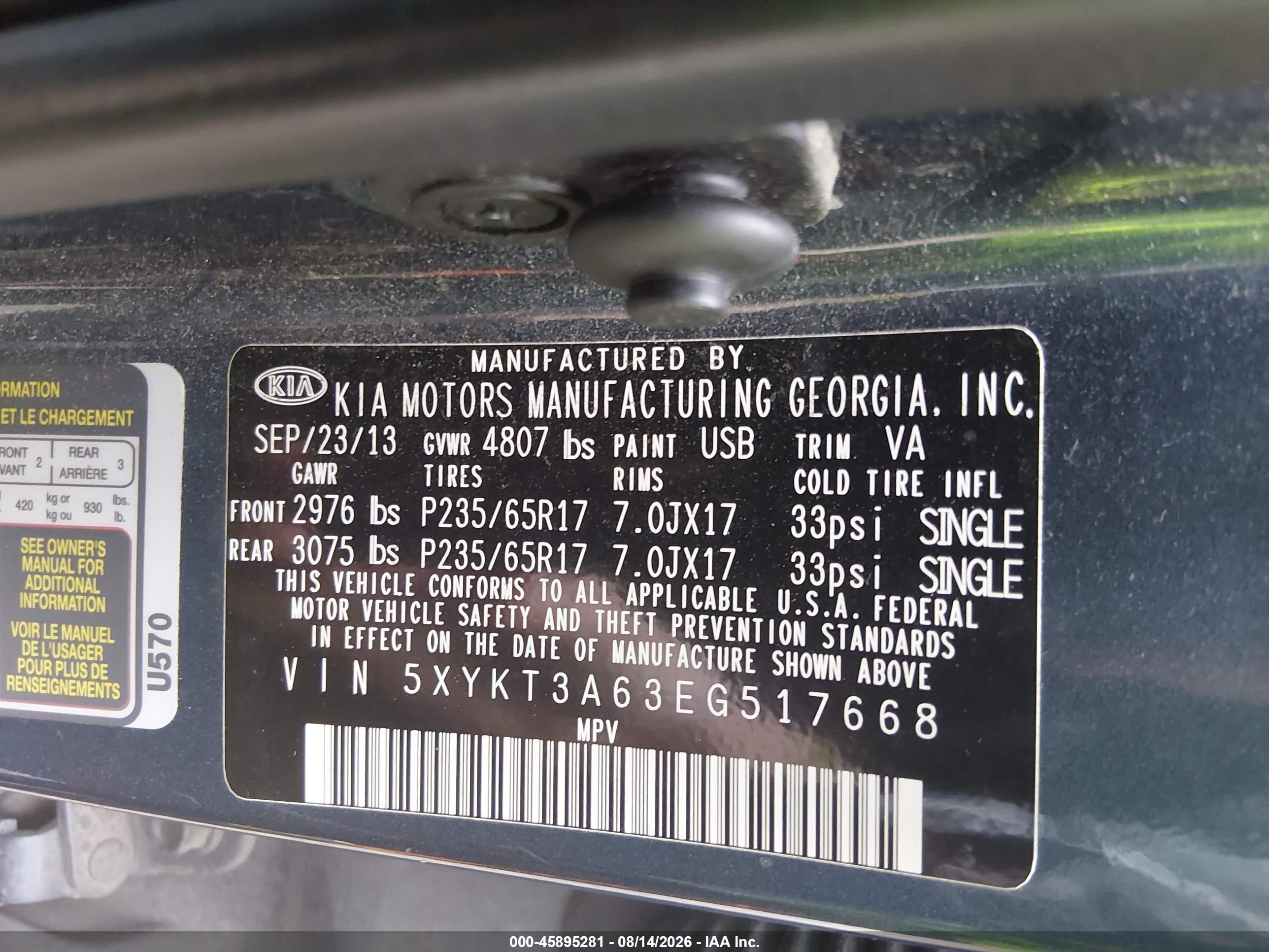 2014 Kia Sorento Lx Blue vin: 5XYKT3A63EG517668