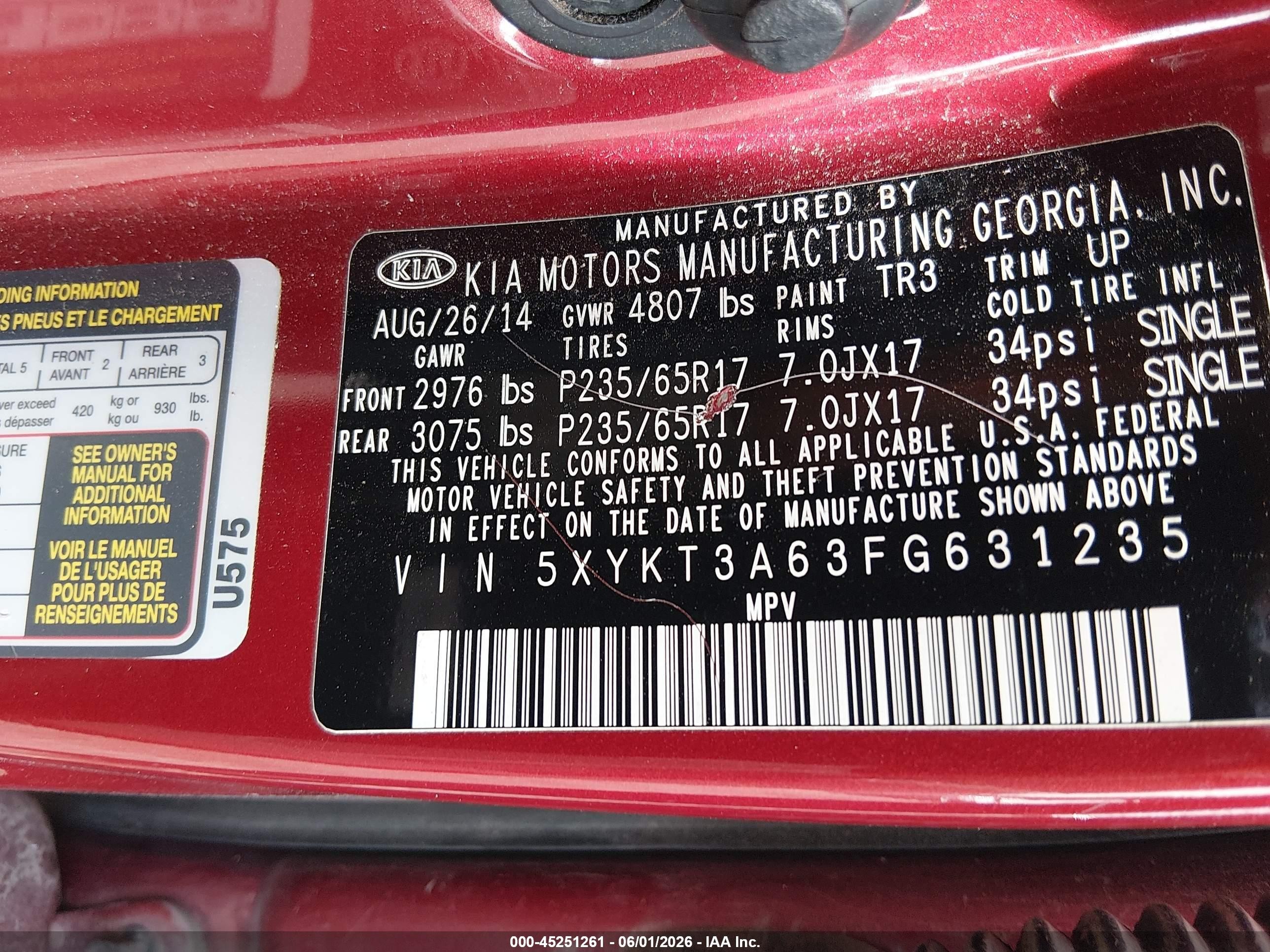 2015 Kia Sorento Lx Burgundy vin: 5XYKT3A63FG631235