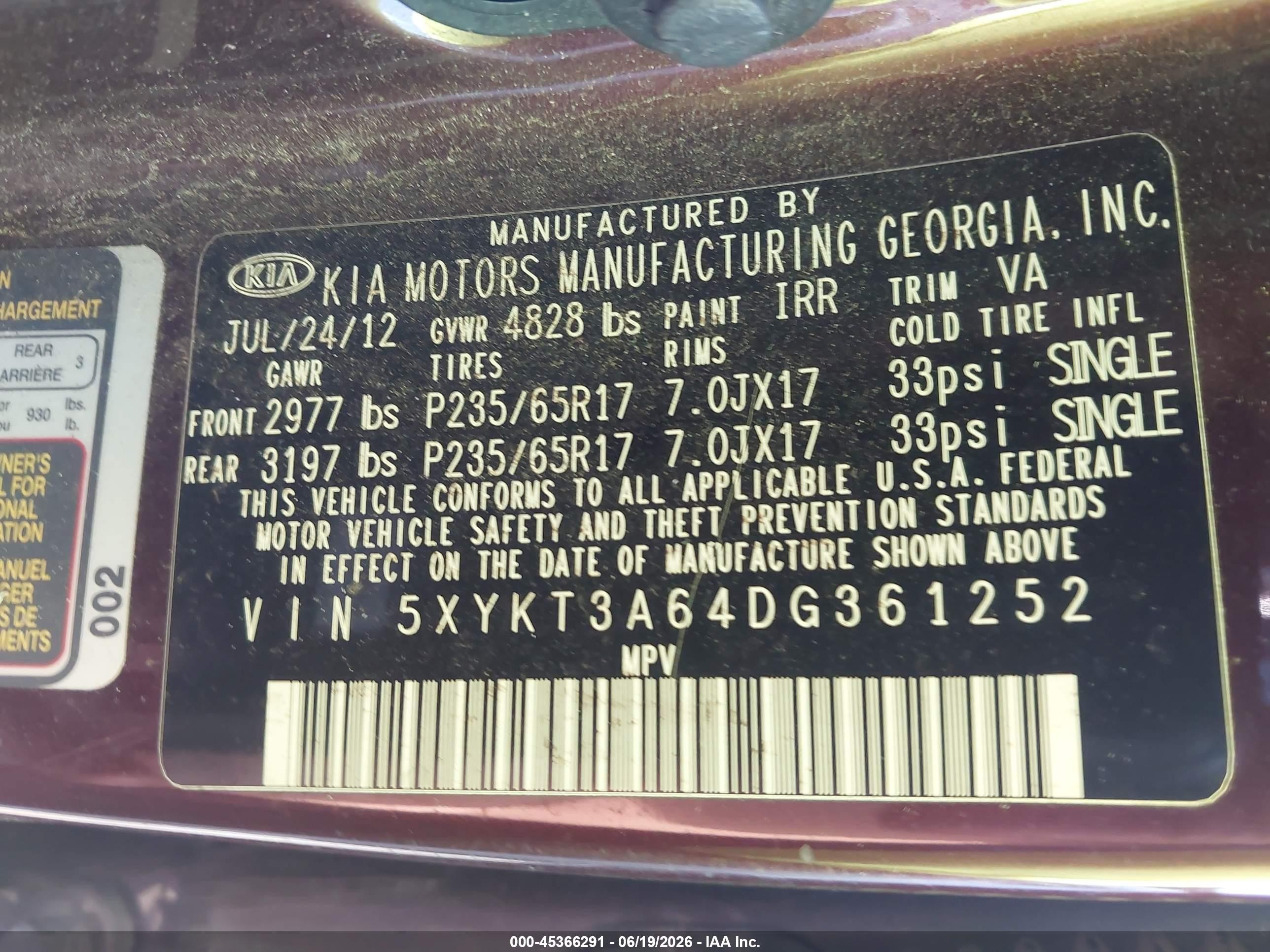 2013 Kia Sorento Lx Burgundy vin: 5XYKT3A64DG361252