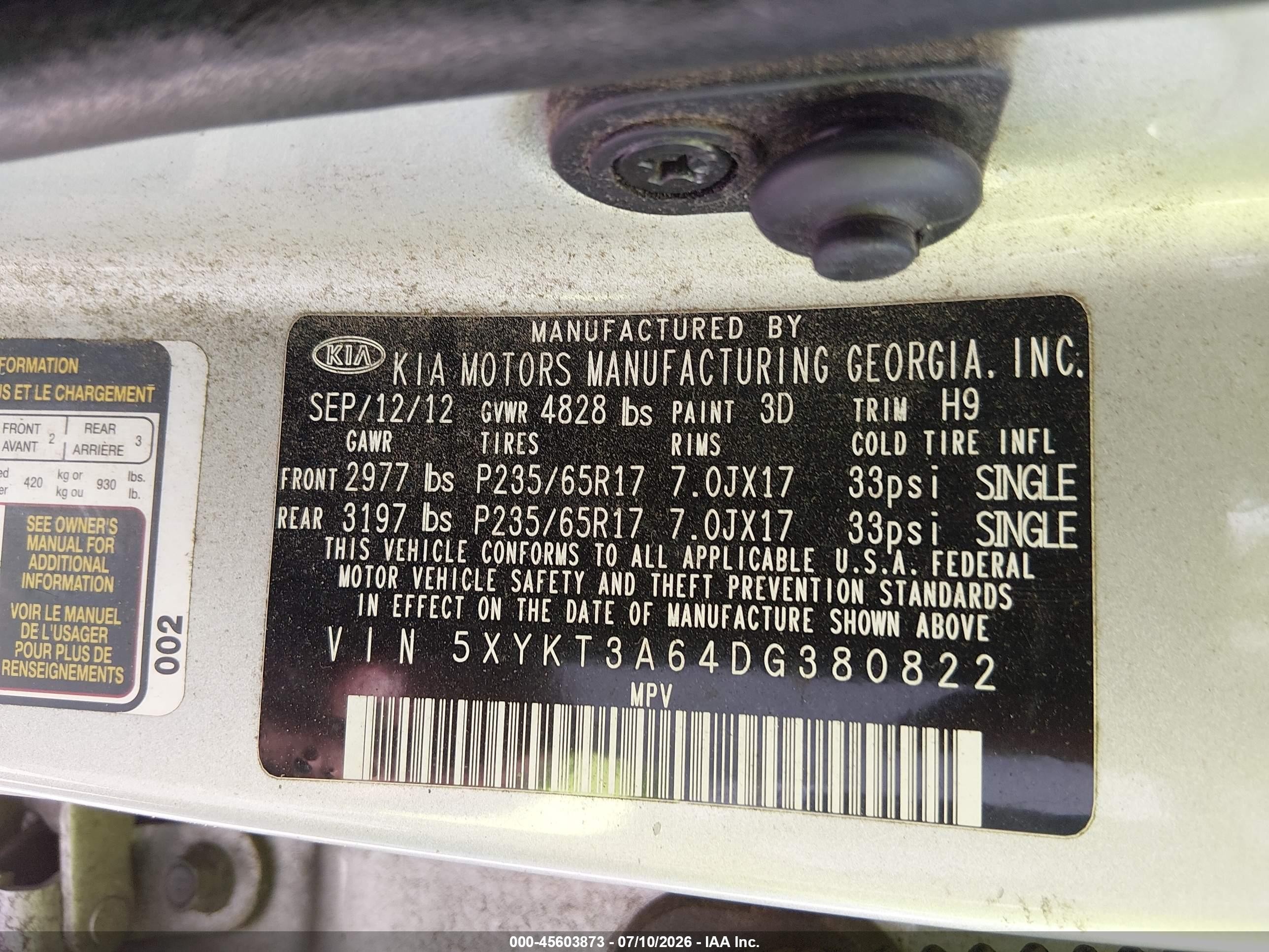 2013 Kia Sorento Lx Silver vin: 5XYKT3A64DG380822