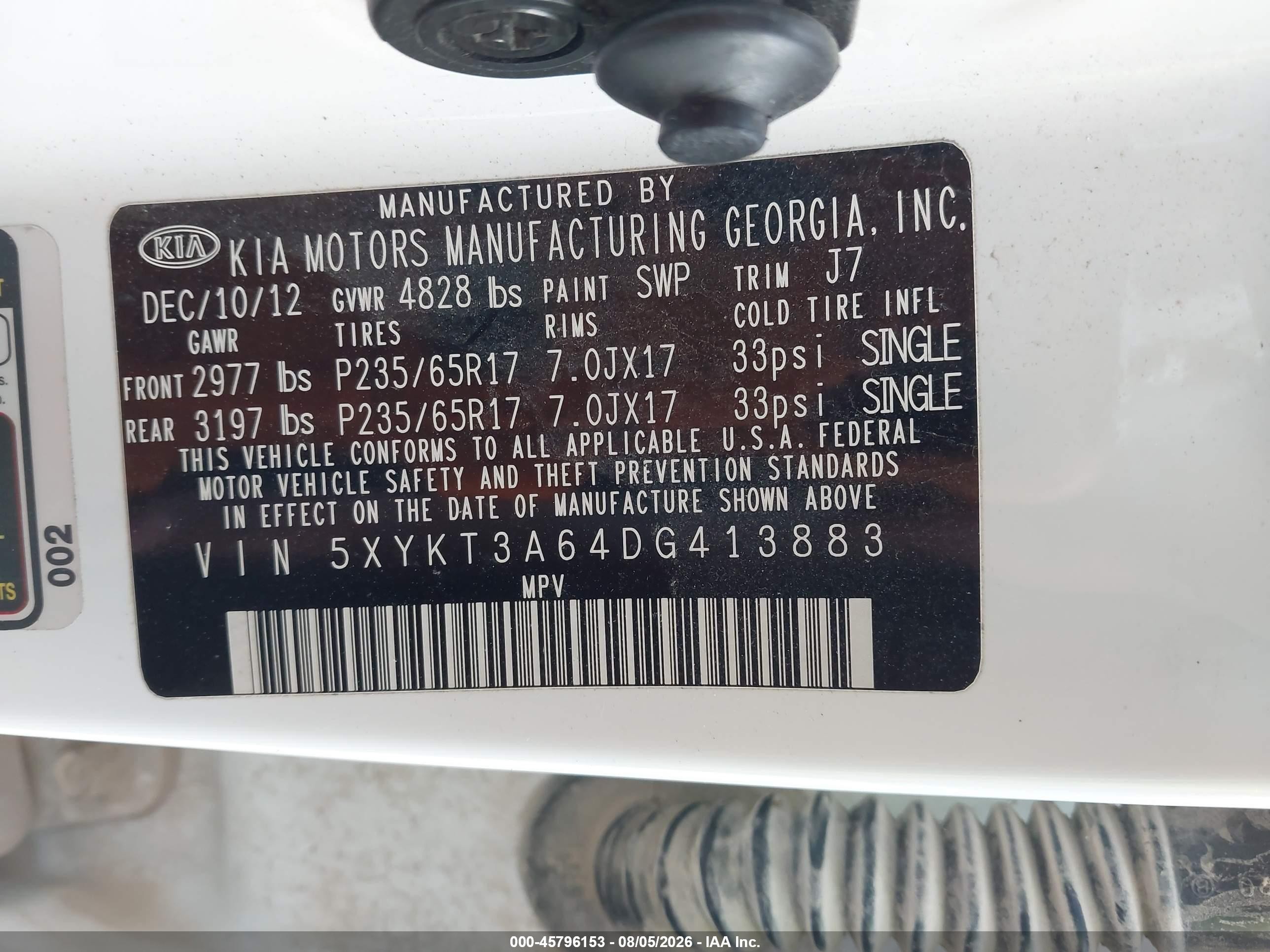 2013 Kia Sorento Lx White vin: 5XYKT3A64DG413883