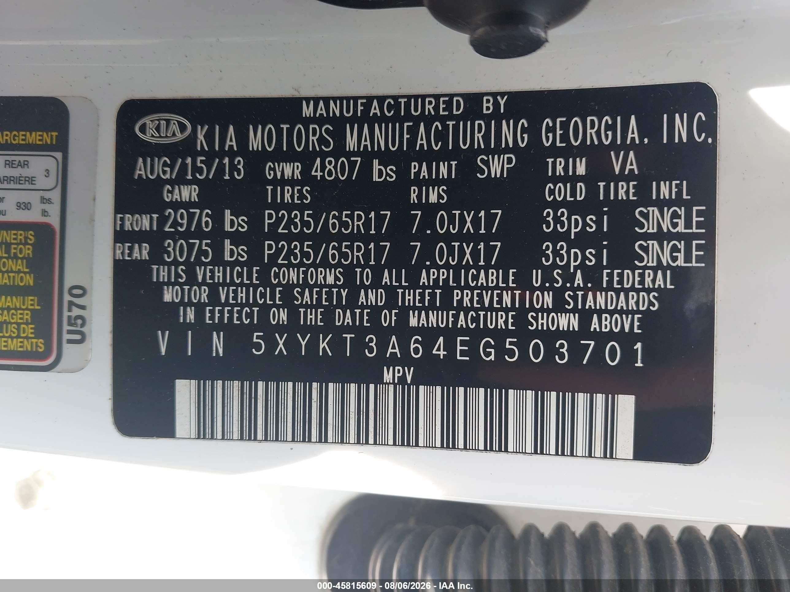 2014 Kia Sorento Lx White vin: 5XYKT3A64EG503701