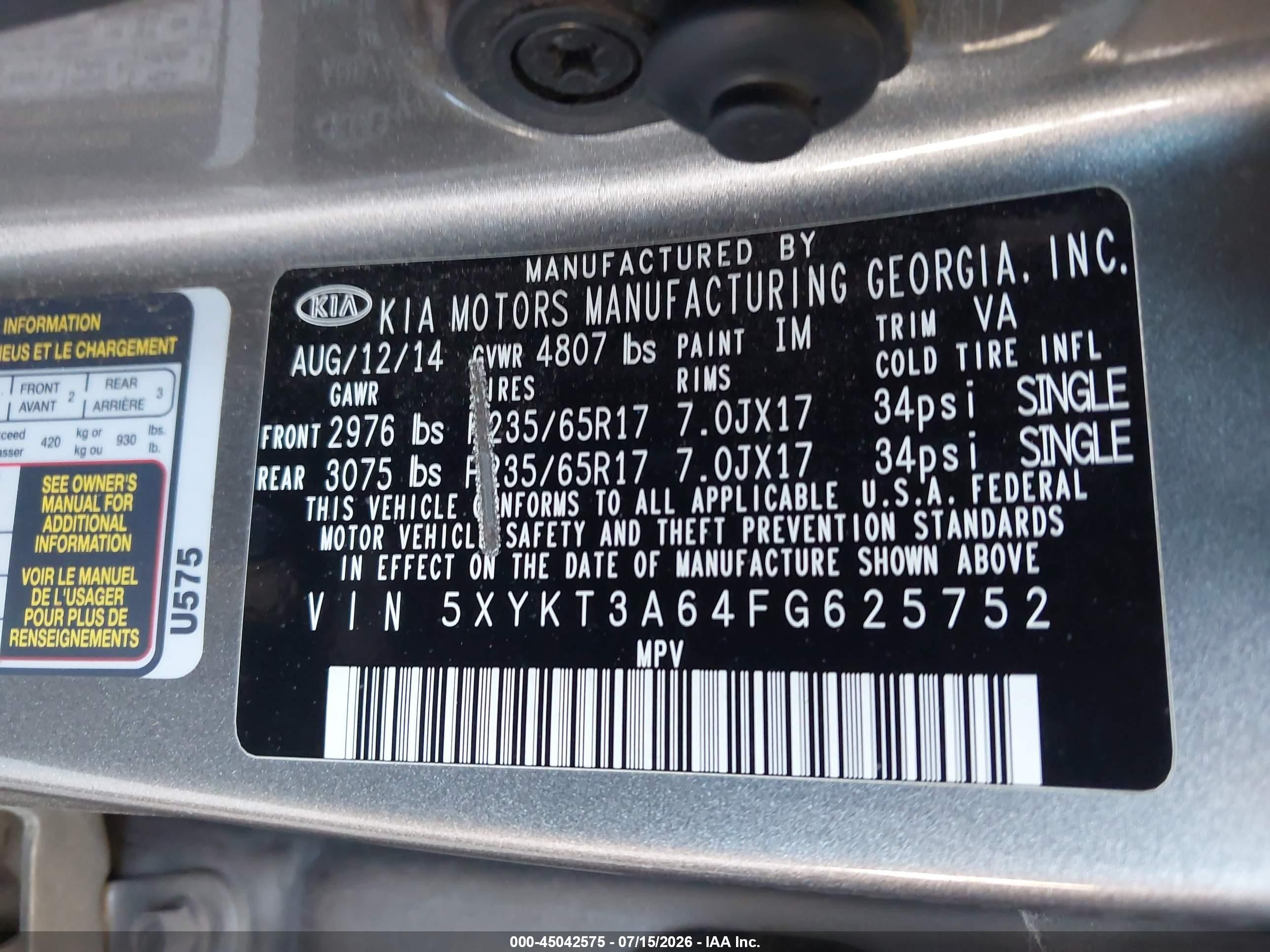 2015 Kia Sorento Lx Gray vin: 5XYKT3A64FG625752
