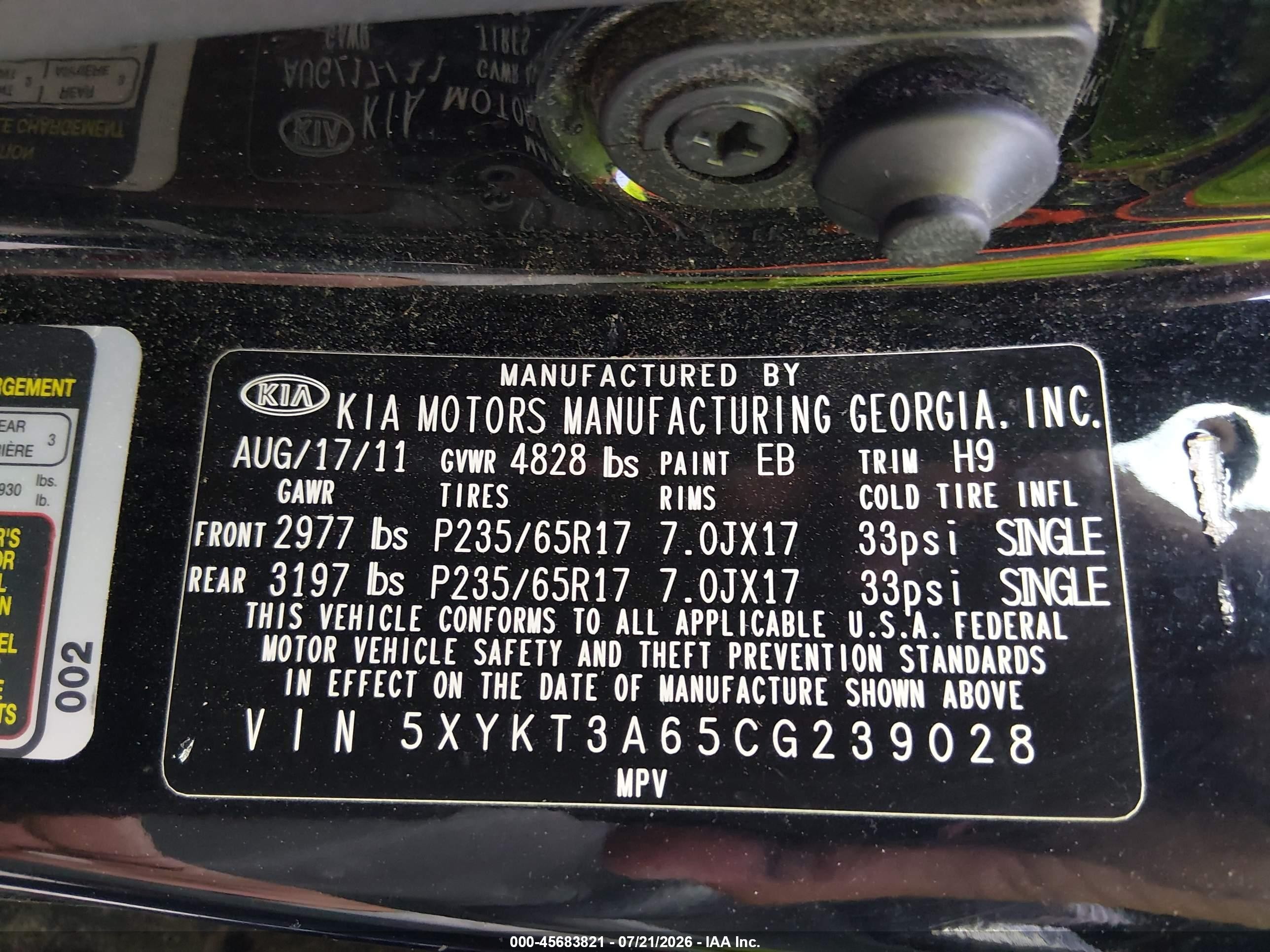 2012 Kia Sorento Lx Black vin: 5XYKT3A65CG239028