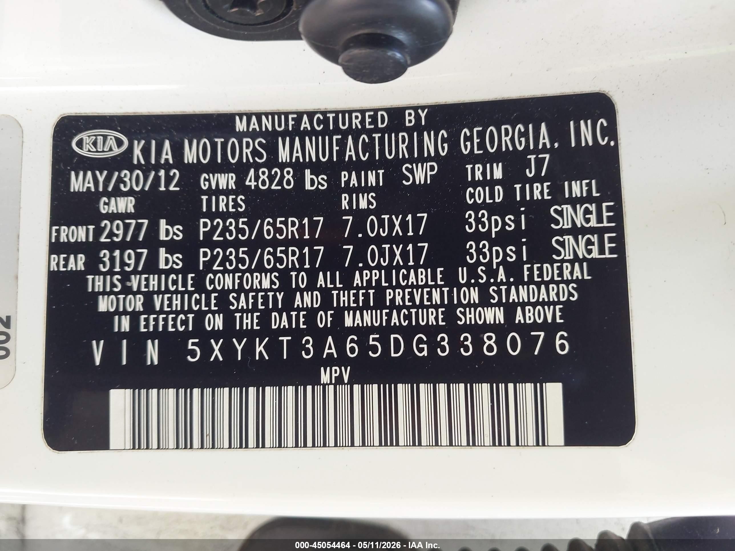 2013 Kia Sorento Lx White vin: 5XYKT3A65DG338076