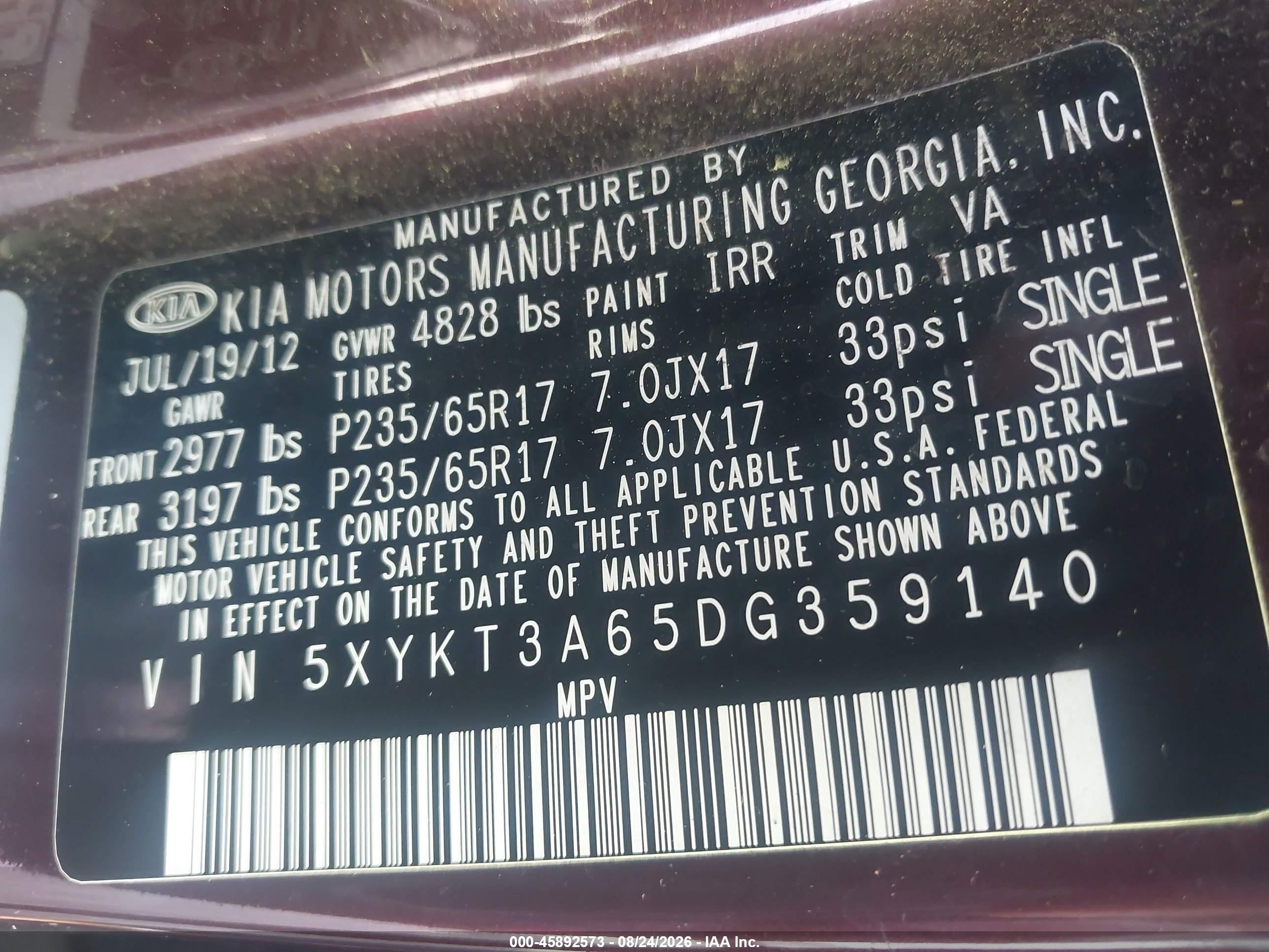 2013 Kia Sorento Lx Burgundy vin: 5XYKT3A65DG359140