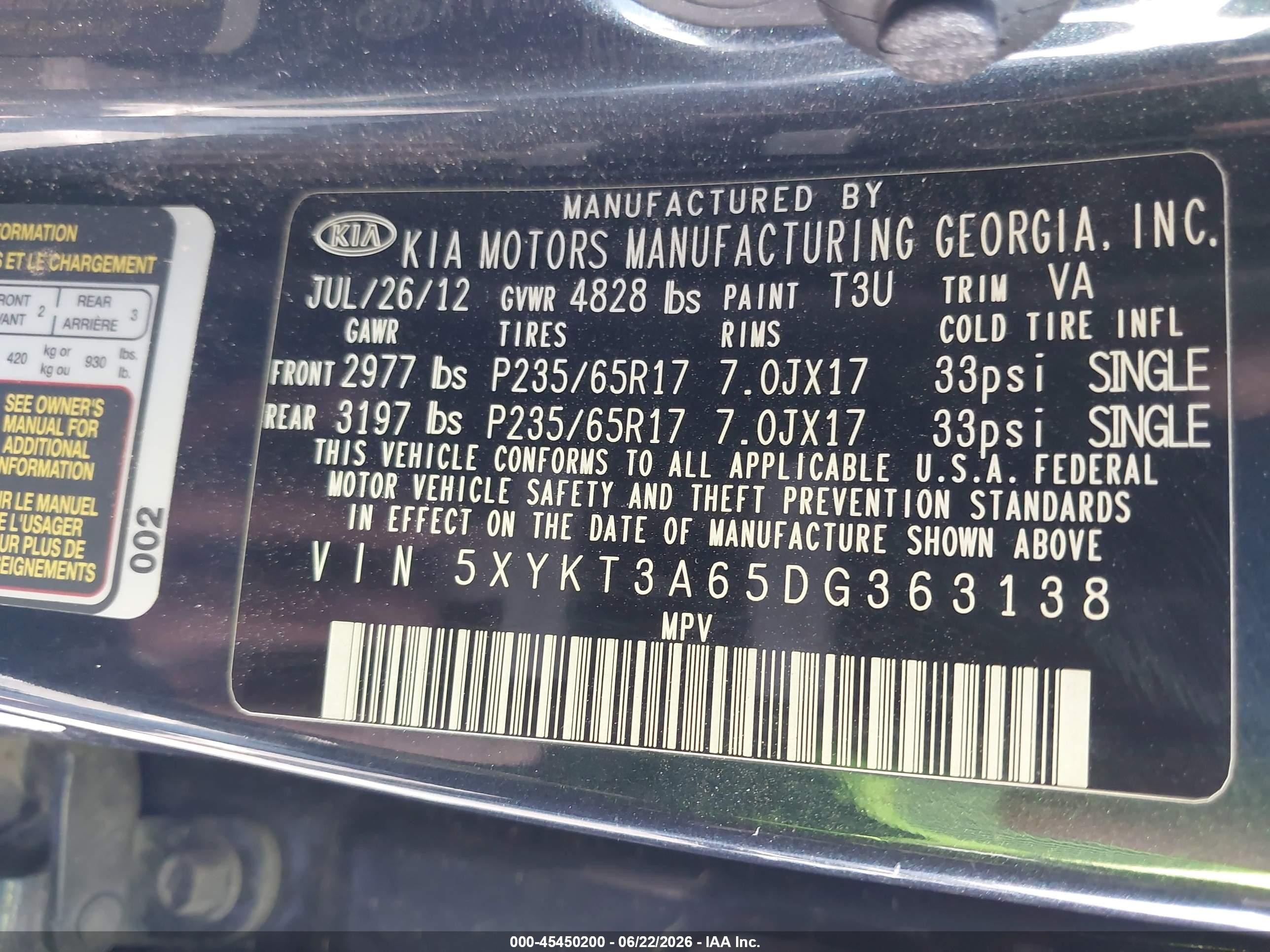 2013 Kia Sorento Lx Black vin: 5XYKT3A65DG363138