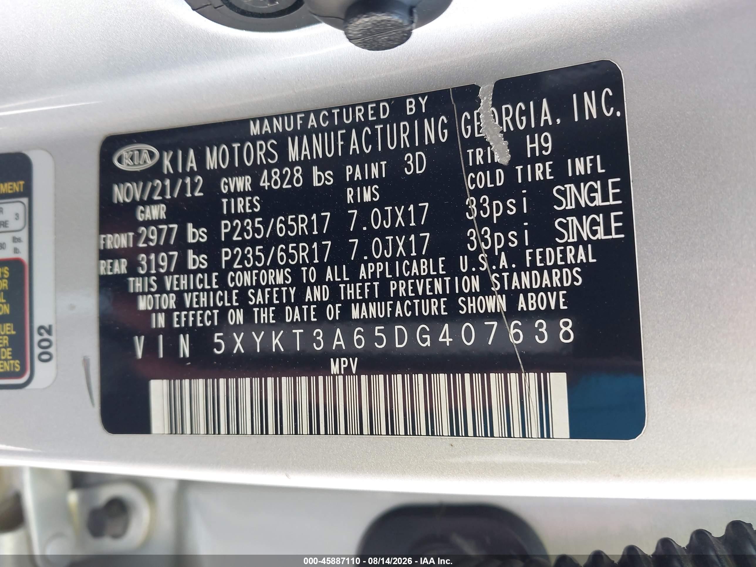 2013 Kia Sorento Lx Серебряный vin: 5XYKT3A65DG407638