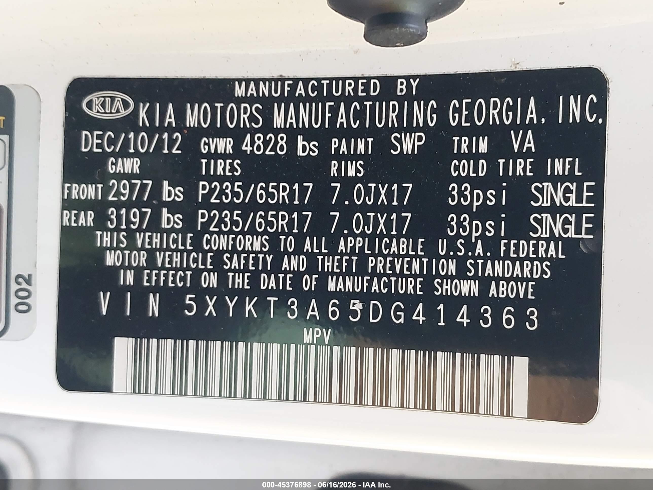 2013 Kia Sorento Lx White vin: 5XYKT3A65DG414363