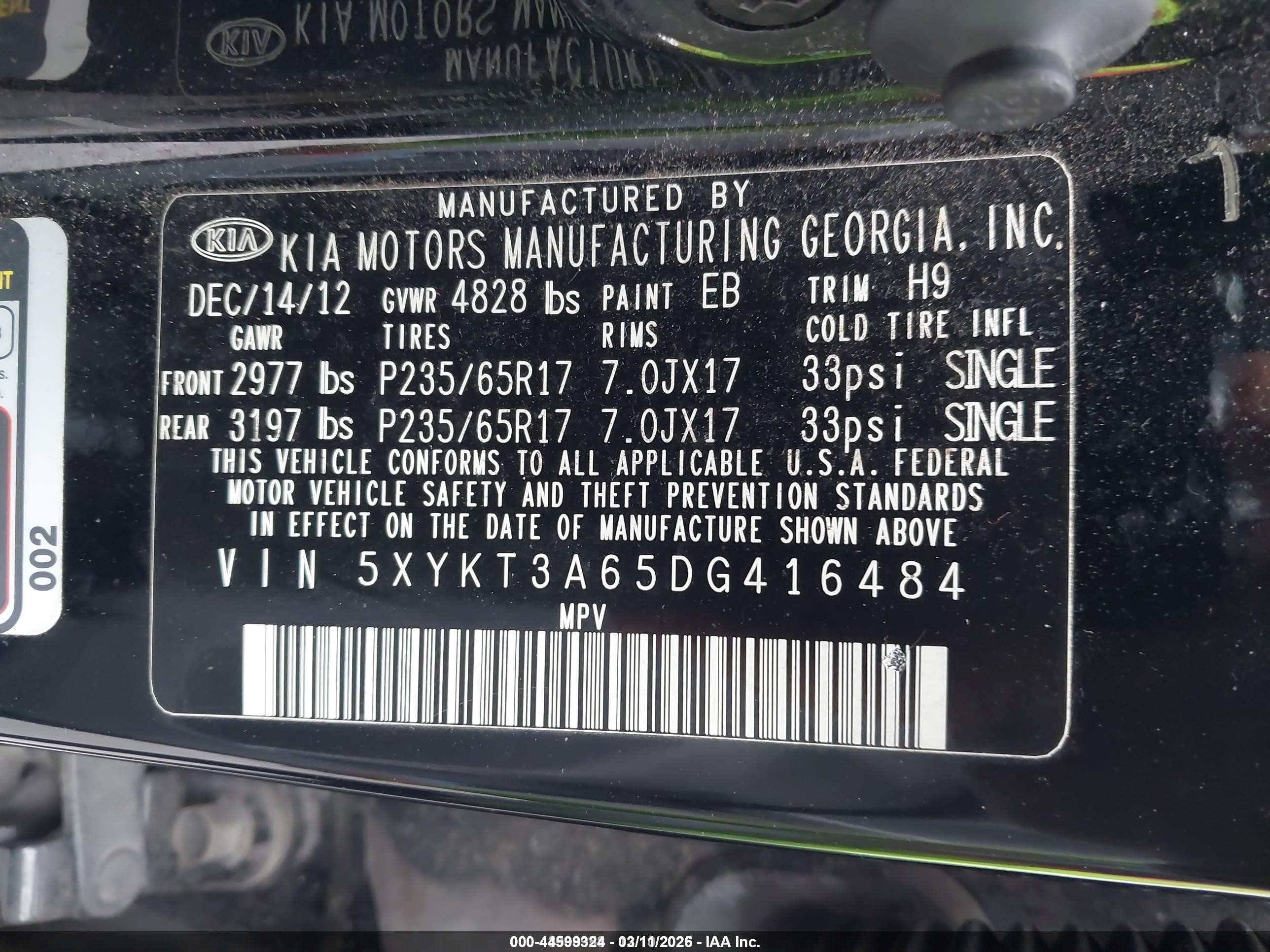 2013 Kia Sorento Lx Black vin: 5XYKT3A65DG416484